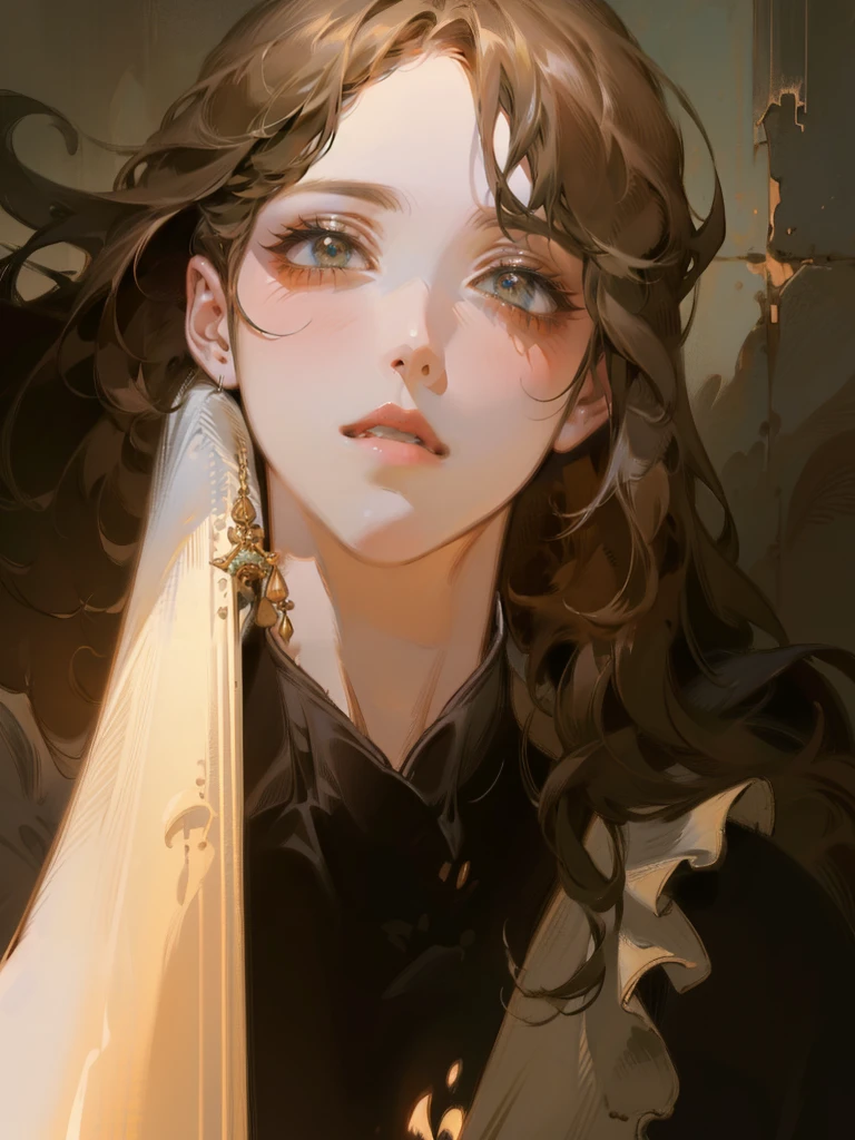masterpiece, best quality, Girl, brown eyes, brown hair, long straight hair, slight smile, slight blush, portrait, close up, dark room background, (extremely detailed CG unity 8k wallpaper), (best quality), (best illustration), (best shadow), absurdres, realistic lighting, (Abyss), beautiful detailed glow, art by PeterMohrBacher,