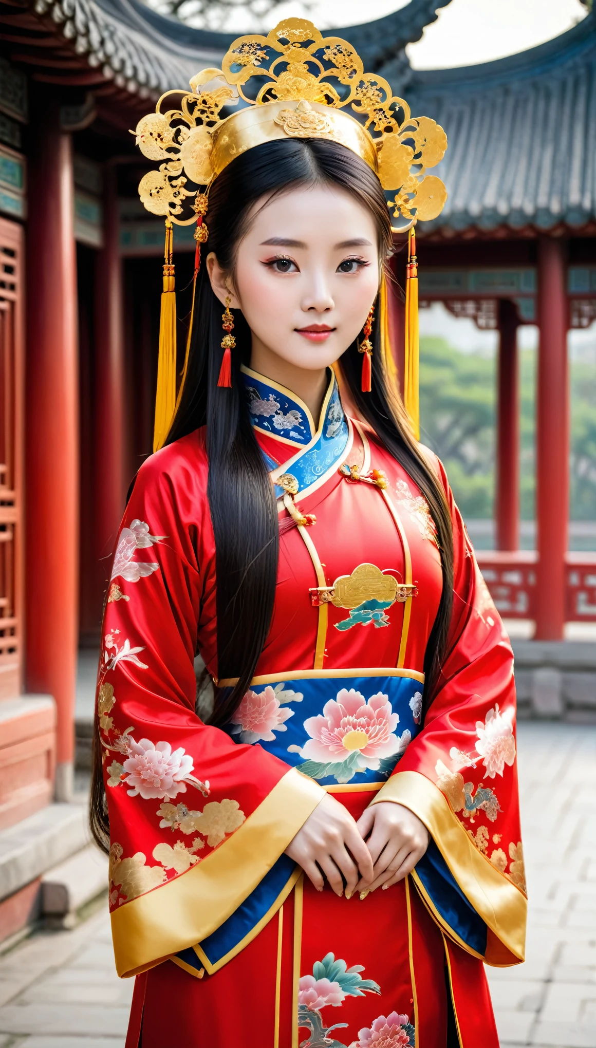 A beautiful Chinese girl with a good figure from the Qing Dynasty with long hair. Wearing gold head accessories, wearing a red traditional Chinese costume, posing for photos in the palace grounds.