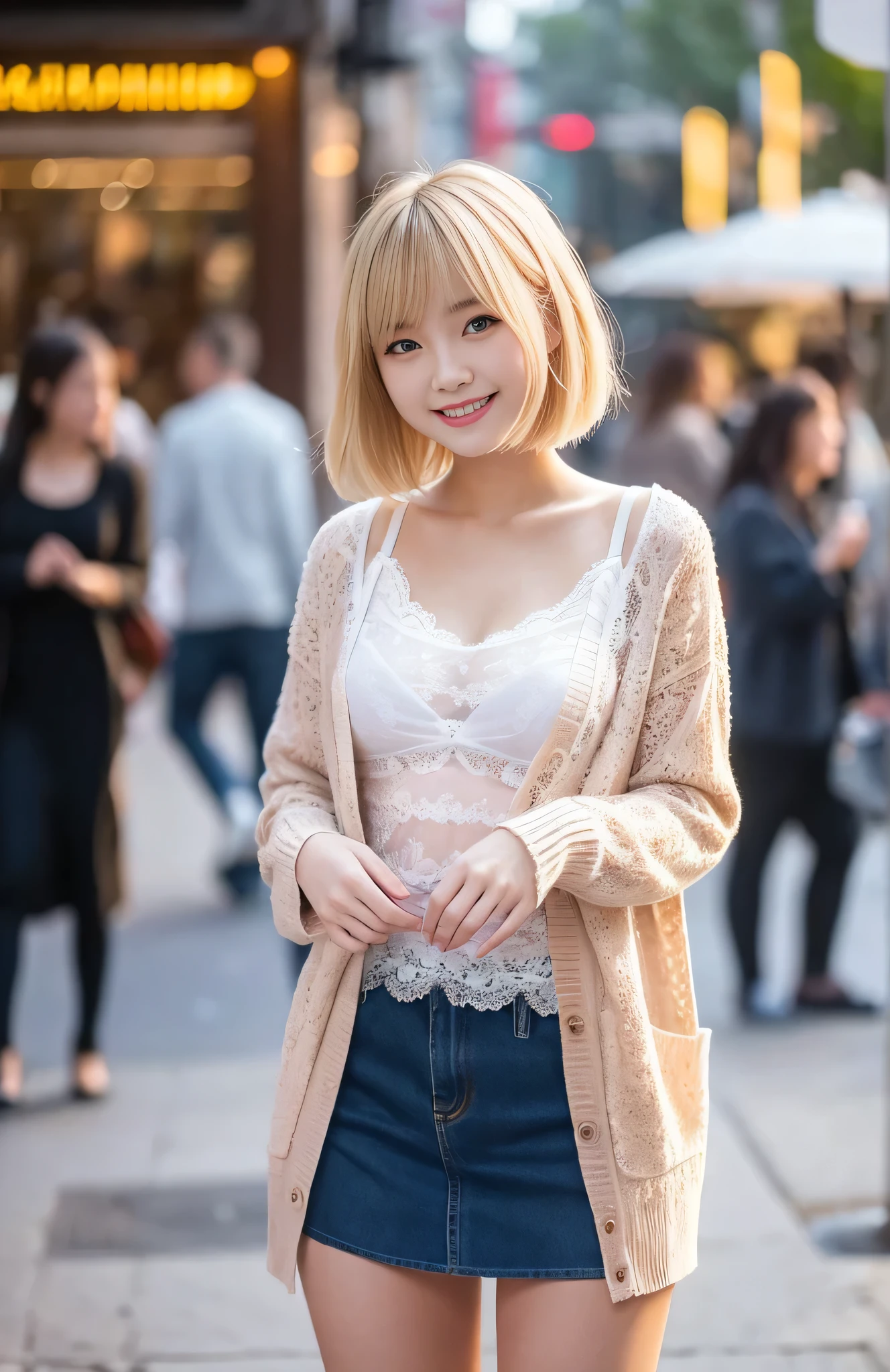 A beautiful young woman is standing in the city。She has blonde hair and short cut、Smiling。She is wearing a thin lace top and cardigan.、Lace underwear is visible underneath。A blurry person in the background々is shown。The whole scene is bright、It&#39;s a realistic and lively atmosphere.。