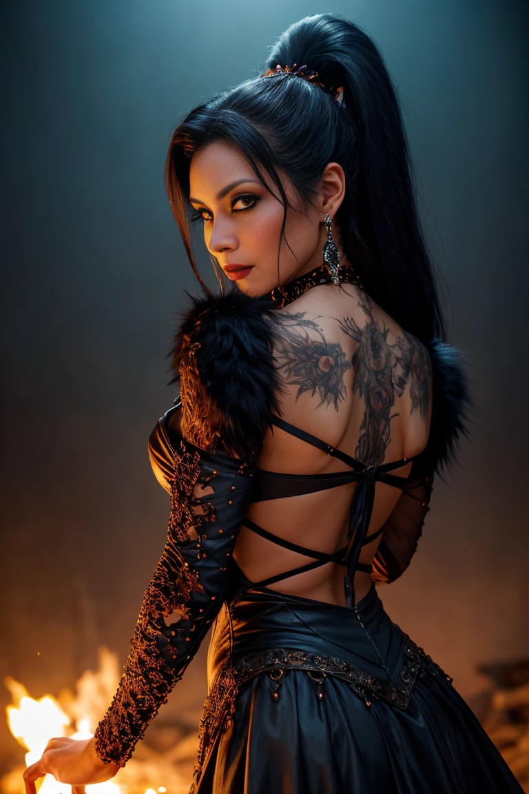Priscilla is a beautiful vampire., black fur, in the style of Boris Vallejo, high detailed vampire dress, high detail face, high detailed leather, mature athletic body, perfect proportions, Heavy metal aesthetics, dark vampire castle interior background, high quality, masterpiece, realistic photo, intricately detailed, 8k, HdR, shallow depth of field, wide light, high contrast, Backlight, light flares, sharp focus, Raw color photo, looking to the camera, cold colors, various poses