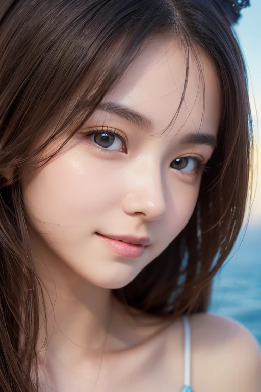(Surreal), (Consciousness upward), (High resolution), (8k), (Very detailed), (The best Consciousness upwardns), (Beautiful and detailed), (Highest quality), (Very detailedな), (masterpiece), (Detailed face), Big eyes,Sweaty, Slender body, Long Hair,Colored inside,alone,A girl wearing a simple black bikini, Huge , smile, Sea of night, moon, 16 years old, See through，Beautiful and fair、Glowing Skin, 3 Up, Nice, bright, Refreshing and gentle look, Perfect beautiful face, Highly realistic photos, High resolution, Detailed face