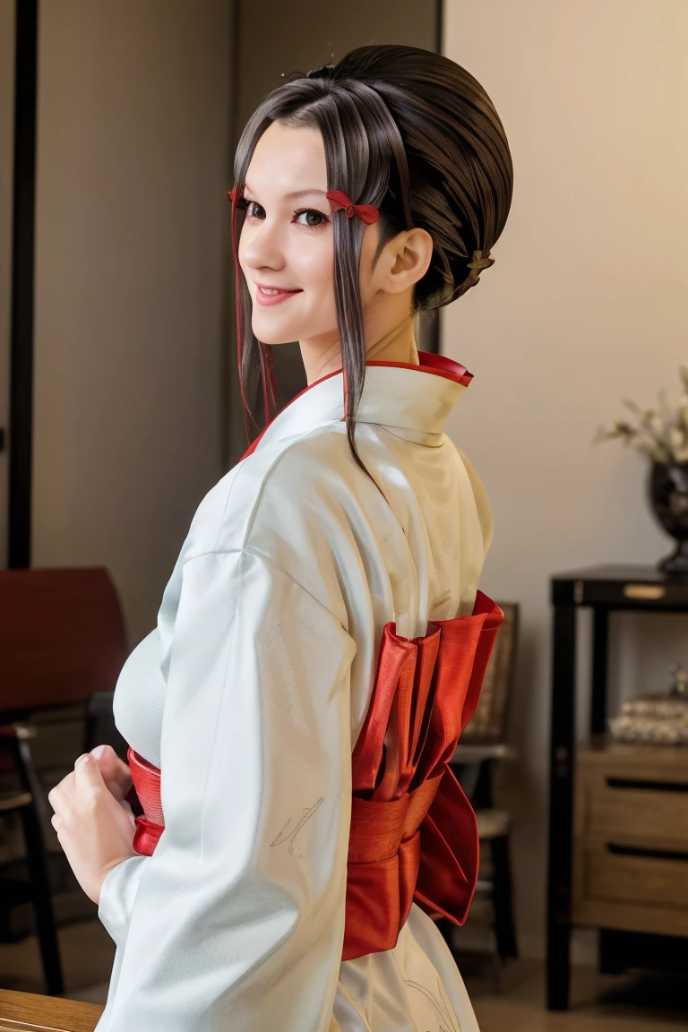 (best quality), (masterpiece), detailed, depth of field, perfect lighting, 1girl, mature female, dark eyes, red eyeliner, dark hair, tall bun top of head, hair pieces, (best quality), (masterpiece), detailed, depth of field, short sleeves,  white loose kimono, dark hair, upper body, huge breasts, smile