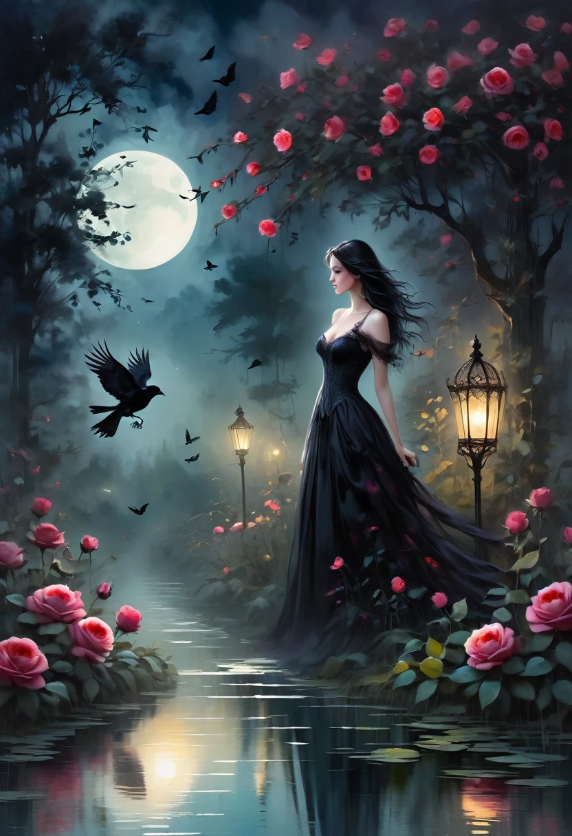 （dark atmosphere，Goethe-Mode，bright colors），（best quality，Super cute，），sexy Gothic-Rabe，Rose Garden at night，Crow feathers，black crow，The moonlight reflects her elegant silhouette，Soft shadows and soft highlights，Contrasting colors create a lively atmosphere，dark and atmospheric color palette，Subtle yet dramatic lighting effects，Sublime darkness mixed with exquisite moonlight