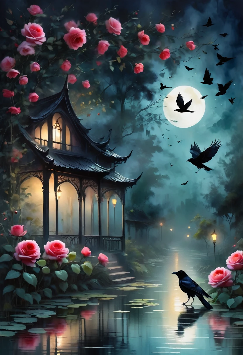 (dark atmosphere,Goethe-Mode,bright colors),(best quality,Super cute,),sexy Gothic-Rabe,Rose Garden at night,Crow feathers,black crow,The moonlight reflects her elegant silhouette,Soft shadows and soft highlights,Contrasting colors create a lively atmosphere,dark and atmospheric color palette,Subtle yet dramatic lighting effects,Sublime darkness mixed with exquisite moonlight