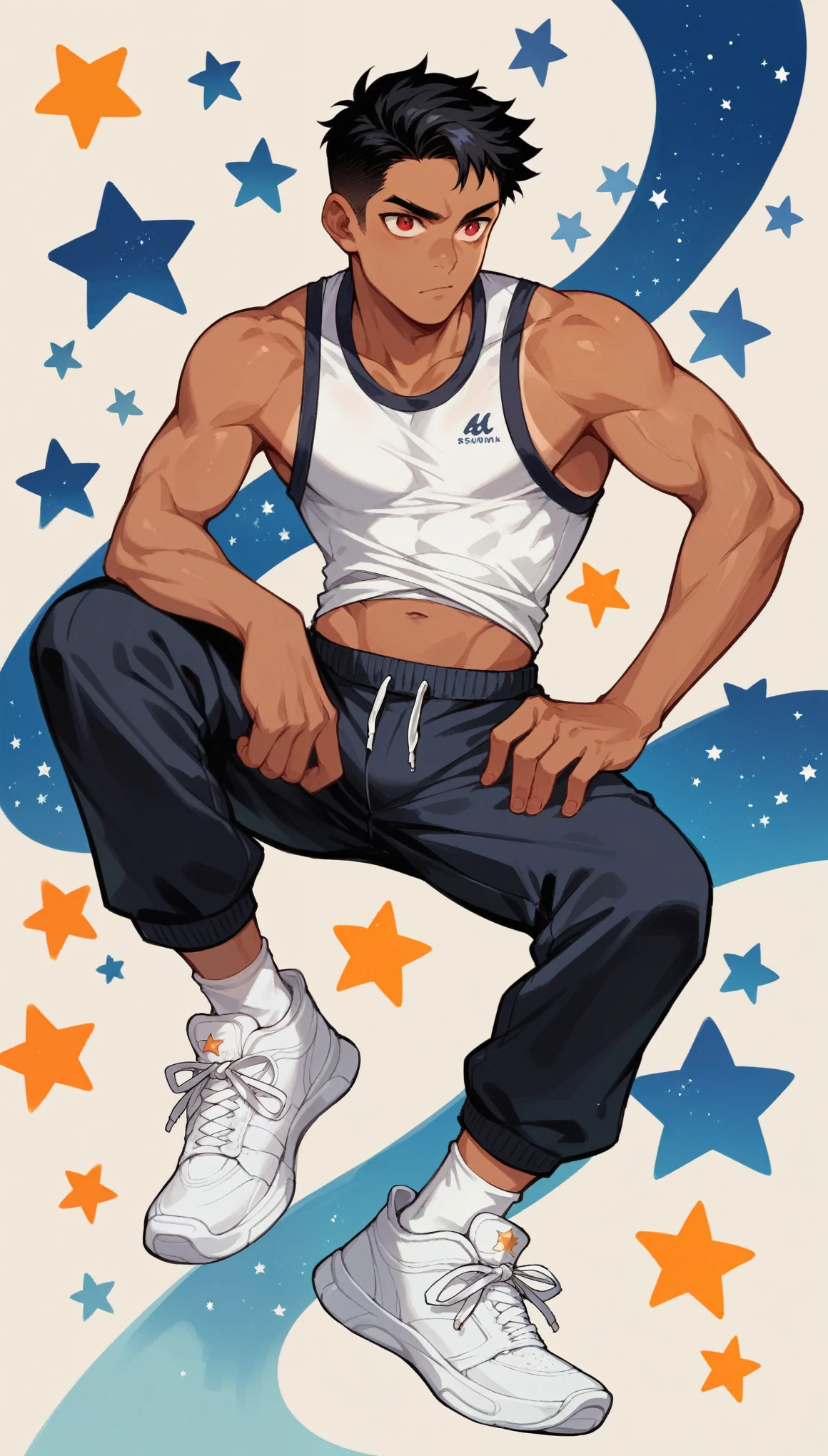 Handsome boy,Black Hair,Tanned skin,Sportswear,Slim body,He has a pair of warm red eyes,Stars background,White socks,White sneakers,Vision