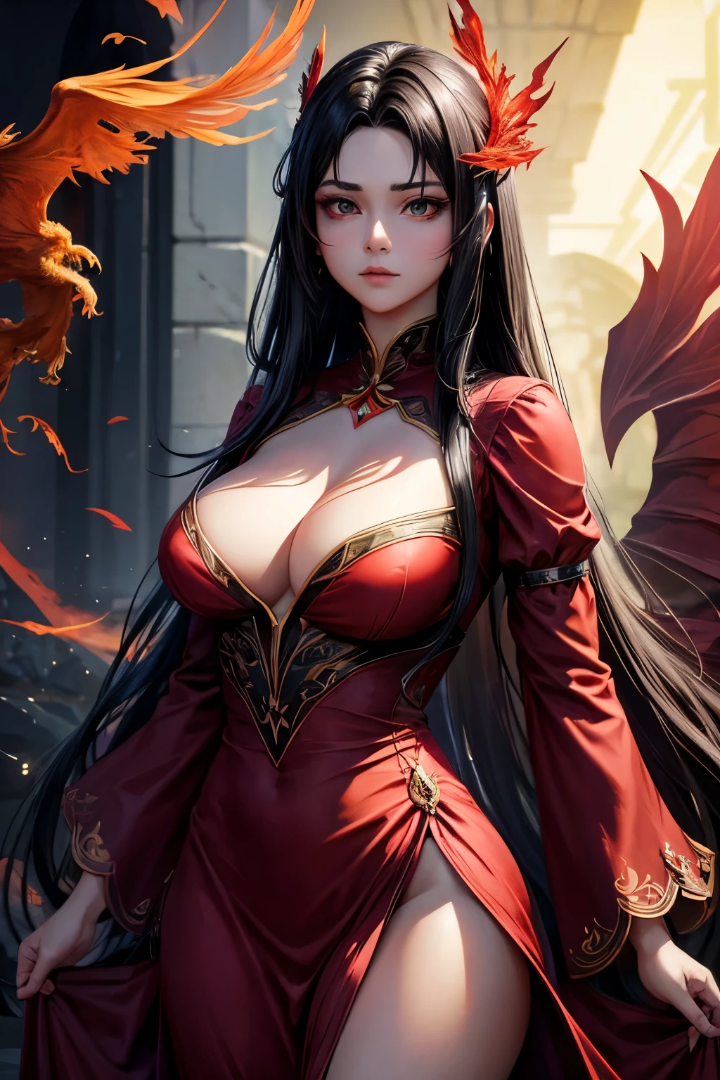 1 heroine, 1 beautiful princess, in the darkness: 1.6), 大衛霍克尼和阿爾方斯穆夏的surreal女性肖像, fantasy art, korean doll, Photo realism, Dynamic lighting, art station, posters, Volumetric lighting, Very detailed faces, 8k ultra, whole body, won, in the darkness, Deep shadows, Low profile, Denim lenses, (red phoenix dress: 1.4), long hair, black hair, BREAK, Luxury Palace, royal style, Princess Crown, big round black eyes, royal style, the most beautiful face, large and regular breasts, surreal,