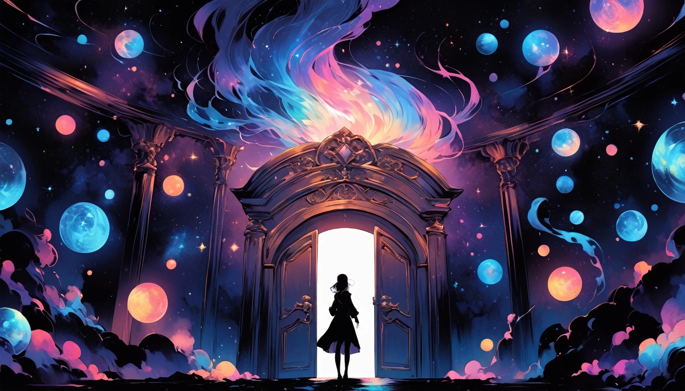 Create exquisite illustrations reminiscent of Makoto Shinkai's style, It has ultra-fine details and top-notch quality. Create a high-quality illustration featuring a beautiful girl opening a door in a fantastical space, revealing a cosmic universe beyond. The scene should depict a sense of wonder and enchantment, with intricate details throughout. Pay close attention to the ethereal quality of the space surrounding the door, with hints of swirling galaxies, distant stars, and celestial phenomena visible beyond the threshold. Ensure that the girl's expression conveys a mix of curiosity, awe, and perhaps a touch of trepidation as she ventures into the unknown. The illustration should evoke a feeling of magical discovery and the infinite possibilities of the cosmos. best quality, masterpiece