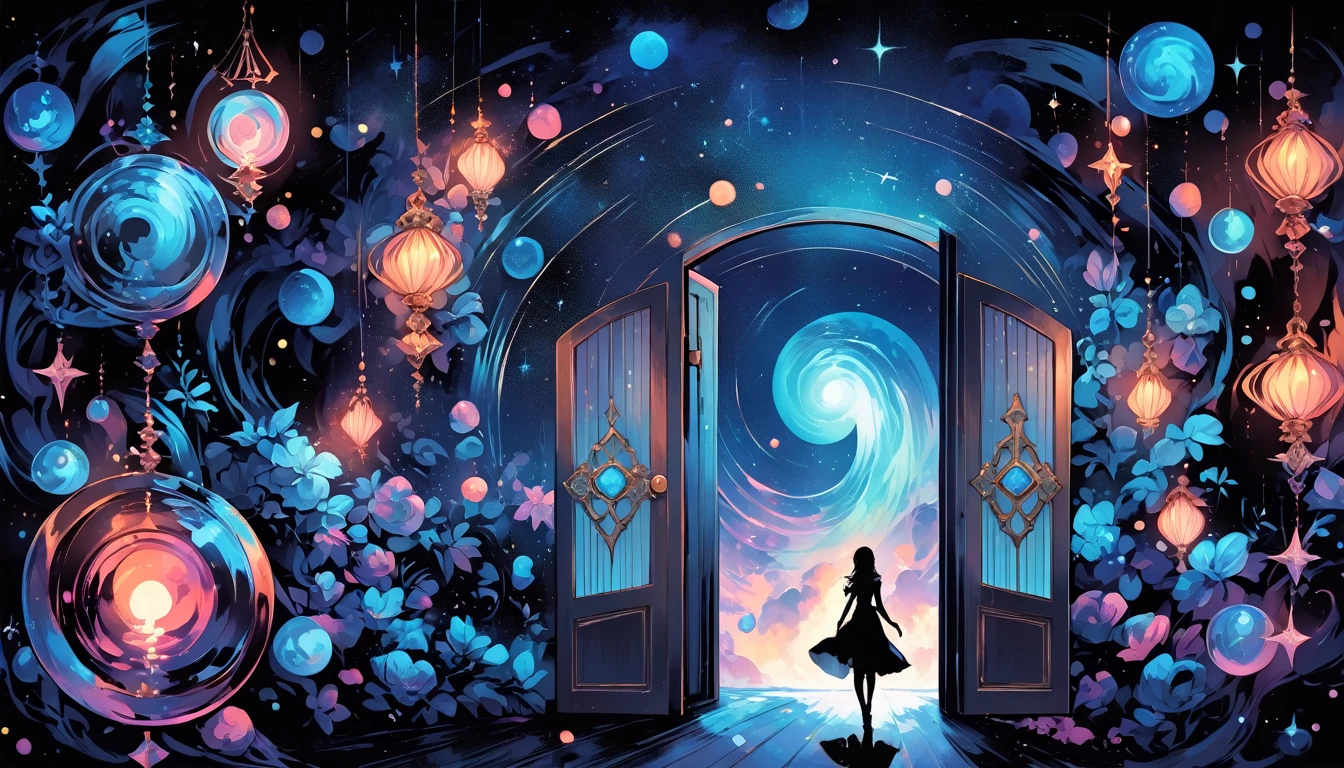 Create exquisite illustrations reminiscent of Makoto Shinkai's style, It has ultra-fine details and top-notch quality. Create a high-quality illustration featuring a beautiful girl opening a door in a fantastical space, revealing a cosmic universe beyond. The scene should depict a sense of wonder and enchantment, with intricate details throughout. Pay close attention to the ethereal quality of the space surrounding the door, with hints of swirling galaxies, distant stars, and celestial phenomena visible beyond the threshold. Ensure that the girl's expression conveys a mix of curiosity, awe, and perhaps a touch of trepidation as she ventures into the unknown. The illustration should evoke a feeling of magical discovery and the infinite possibilities of the cosmos. best quality, masterpiece