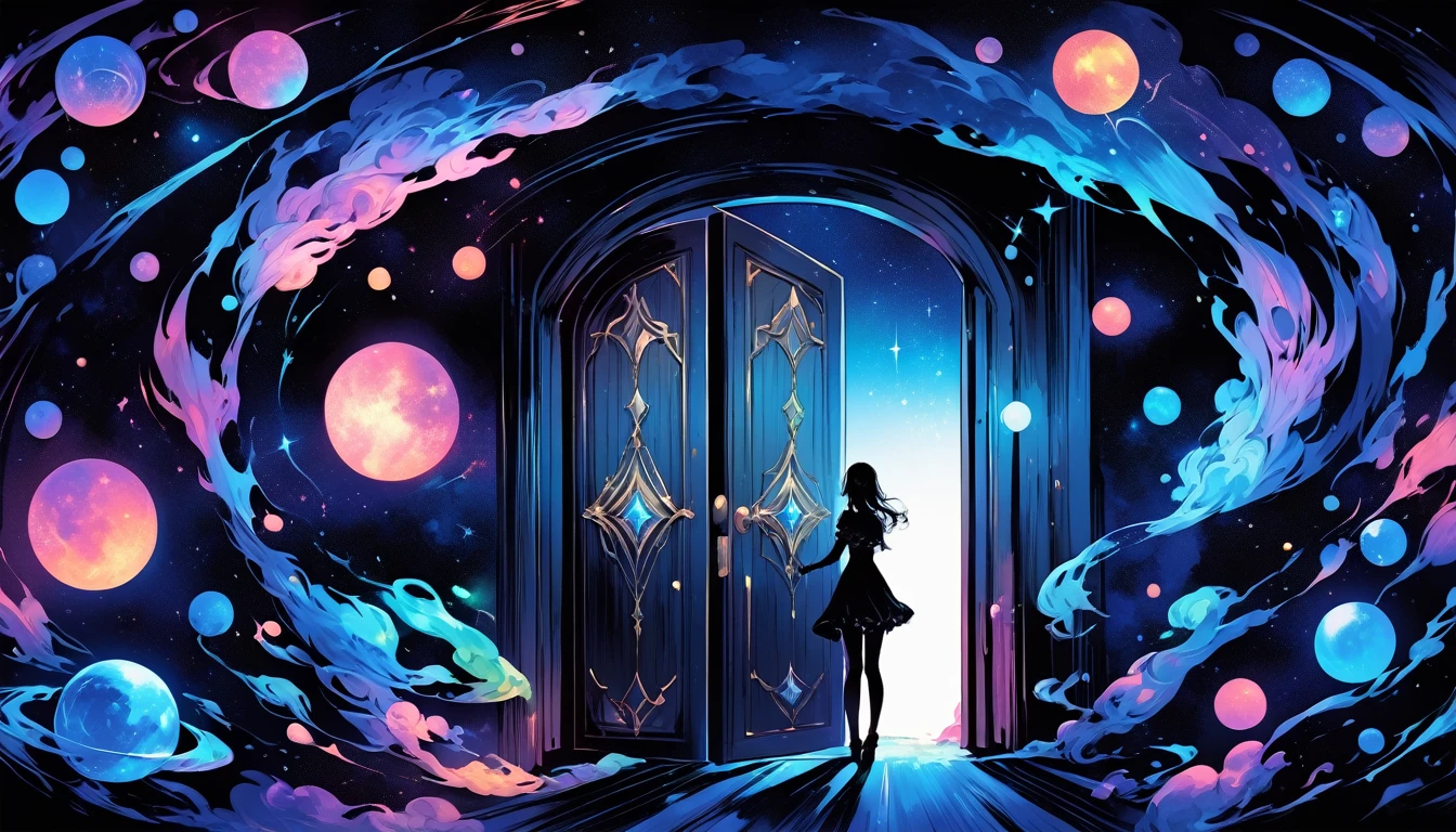 Create exquisite illustrations reminiscent of Makoto Shinkai's style, It has ultra-fine details and top-notch quality. Create a high-quality illustration featuring a beautiful girl opening a door in a fantastical space, revealing a cosmic universe beyond. The scene should depict a sense of wonder and enchantment, with intricate details throughout. Pay close attention to the ethereal quality of the space surrounding the door, with hints of swirling galaxies, distant stars, and celestial phenomena visible beyond the threshold. Ensure that the girl's expression conveys a mix of curiosity, awe, and perhaps a touch of trepidation as she ventures into the unknown. The illustration should evoke a feeling of magical discovery and the infinite possibilities of the cosmos. best quality, masterpiece