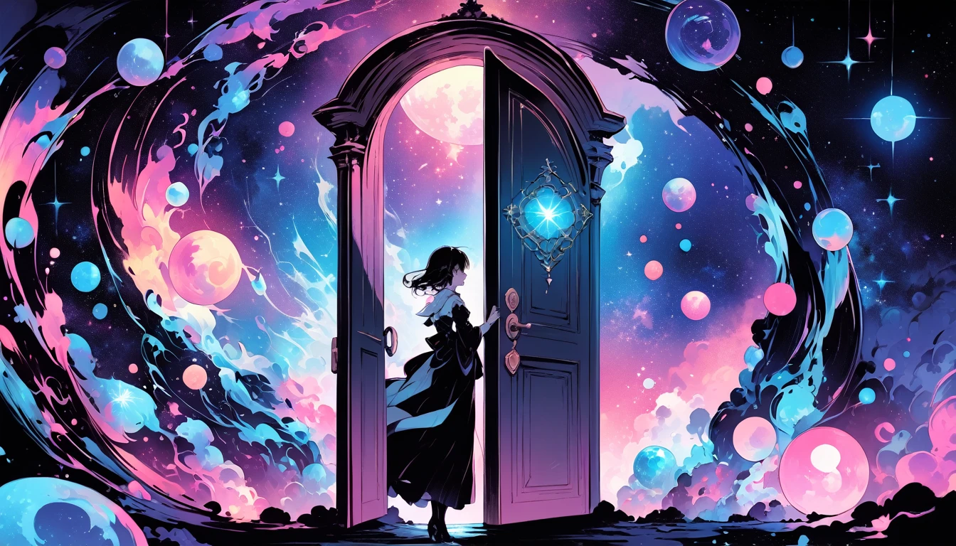 Create exquisite illustrations reminiscent of Makoto Shinkai's style, It has ultra-fine details and top-notch quality. Create a high-quality illustration featuring a beautiful girl opening a door in a fantastical space, revealing a cosmic universe beyond. The scene should depict a sense of wonder and enchantment, with intricate details throughout. Pay close attention to the ethereal quality of the space surrounding the door, with hints of swirling galaxies, distant stars, and celestial phenomena visible beyond the threshold. Ensure that the girl's expression conveys a mix of curiosity, awe, and perhaps a touch of trepidation as she ventures into the unknown. The illustration should evoke a feeling of magical discovery and the infinite possibilities of the cosmos. best quality, masterpiece