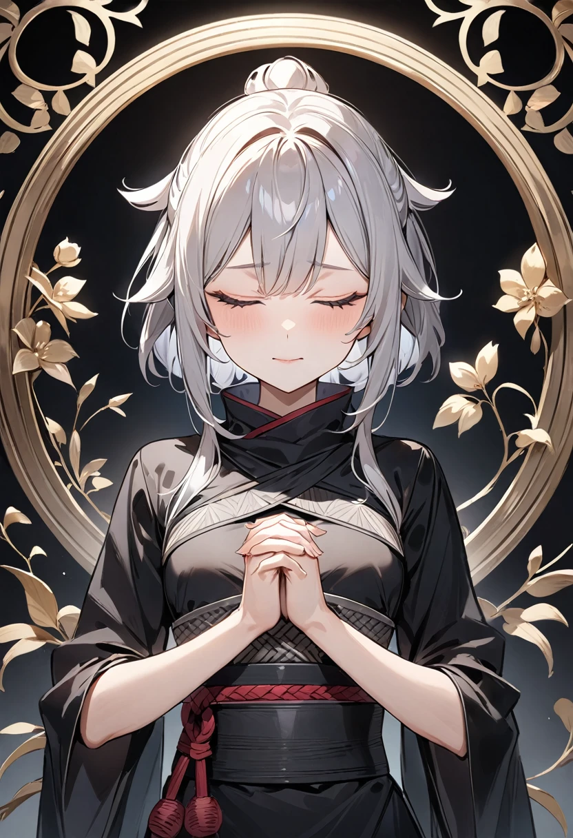(masterpiece, top quality, very aesthetic, 4k、illustration), intricate detail, 1woman,contrapposto 、own hands clasped,(upper body)、closed eyes,(),Cute 、clear face、Random Hair Color、,middle hair,sidelock ,Random Color eyes、ninja clothes、small breasts、Slim 、
