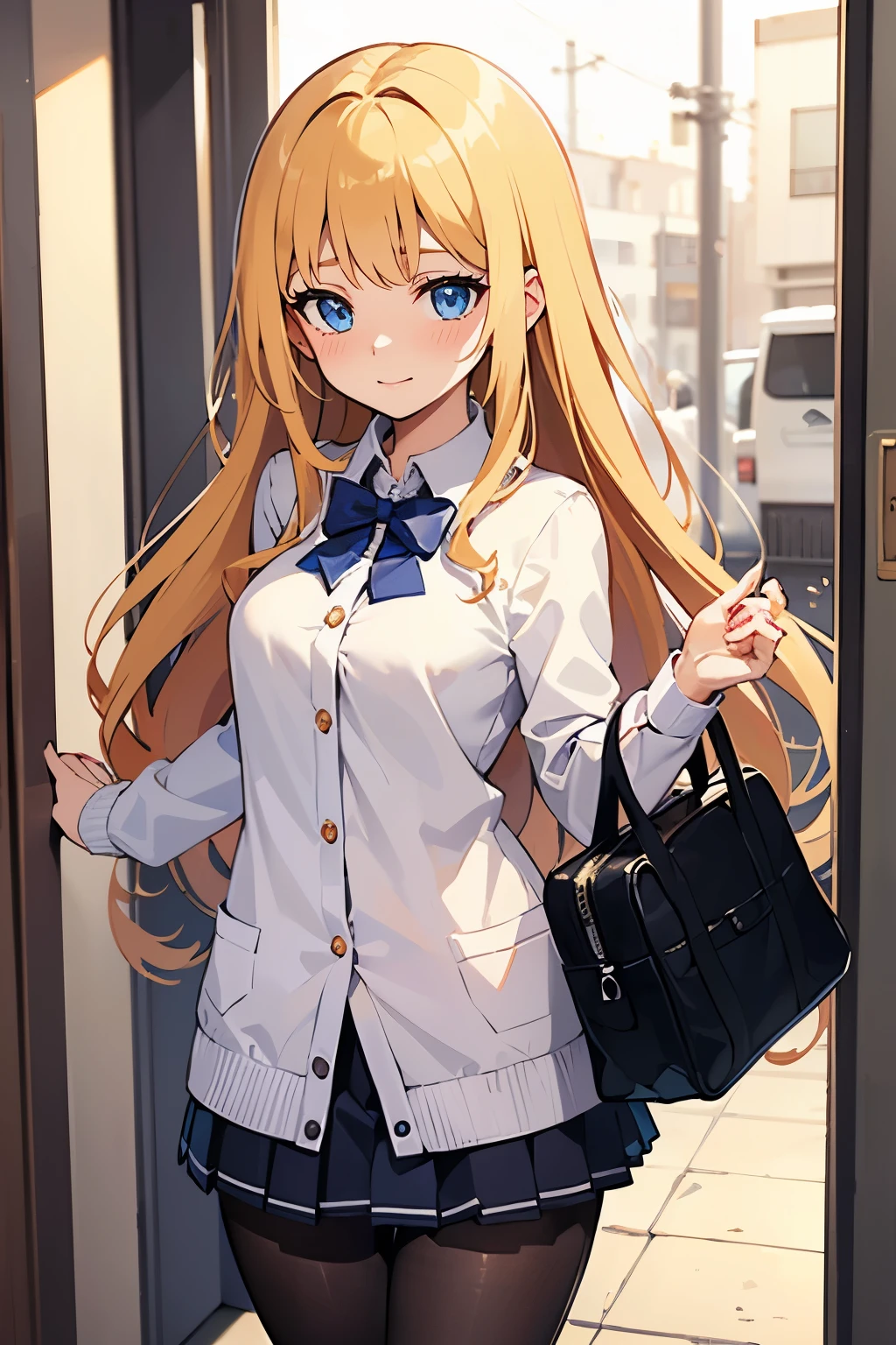 Safe for work, masterpiece, best quality, solo, 1 girl, cute girl, wholesome girl, (young female body:1.4), ( medium small breasts), cowboy shot, shy smile, flustered, embarrassed girl, yellow golden hair, extra long hair, thick wavy hair, hime cut, very blunt bangs, light blue eyes, white school skirt, pantyhose, blue cardigan, white blouse, school hallway, valentines day, valentines chocolate, holding chocolate gift