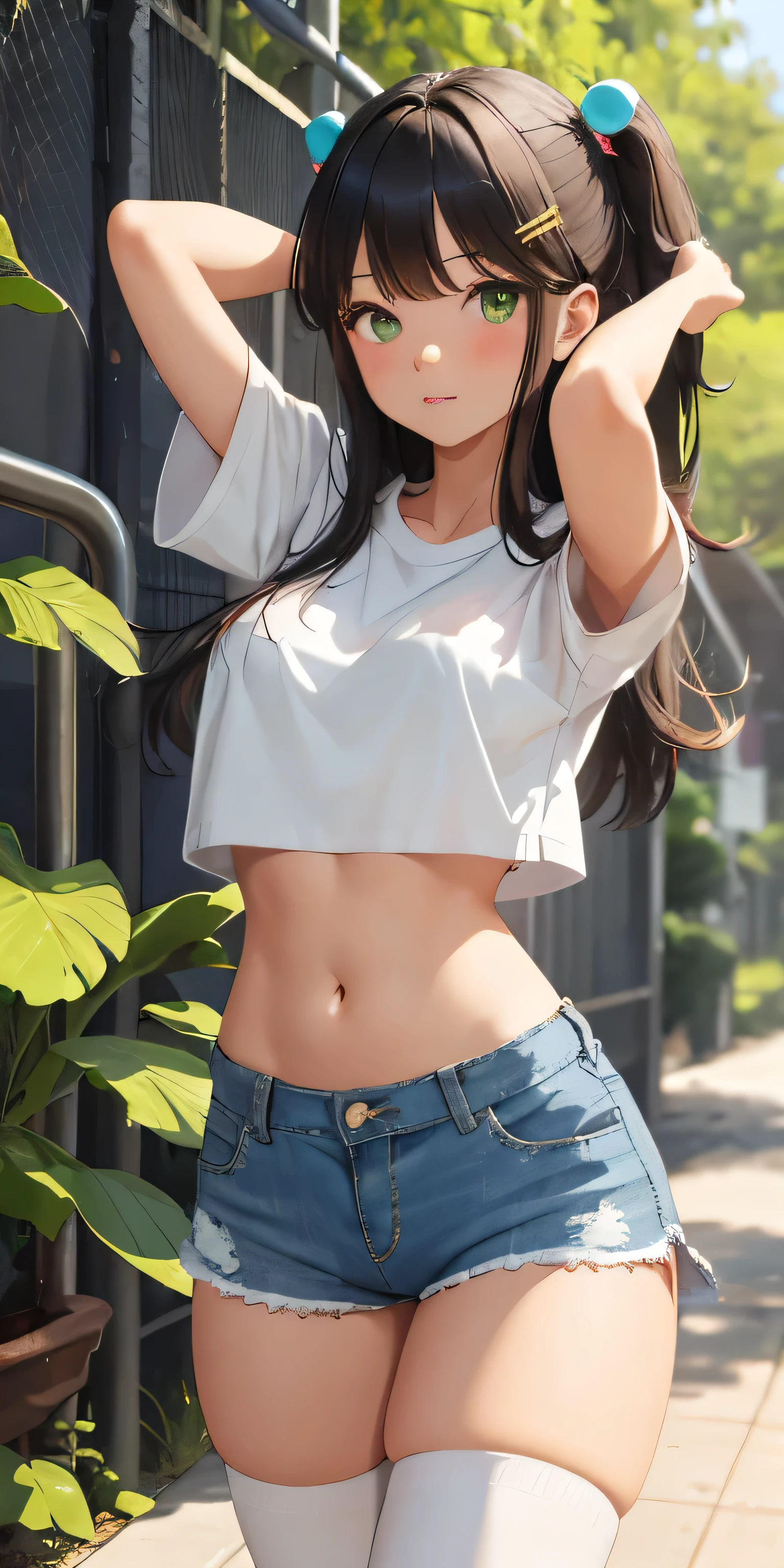 1 girl, Alone, by the wide, old, looking at the viewer, blush, hits, shirt, black fur, hair ornament, thighs, belly button, Closed mouth, green eyes, standing, Whole body, white shirt, short sleeves, thighs, outdoor, shoes, Bermuda, day, Hair clip, diaphragm, black thighs, stomach, arm up, crop top, short Bermuda, white shoes, Denim, sneakers, blue Bermuda, Denim Bermuda, hand on head, crop top overhang, cutoffs