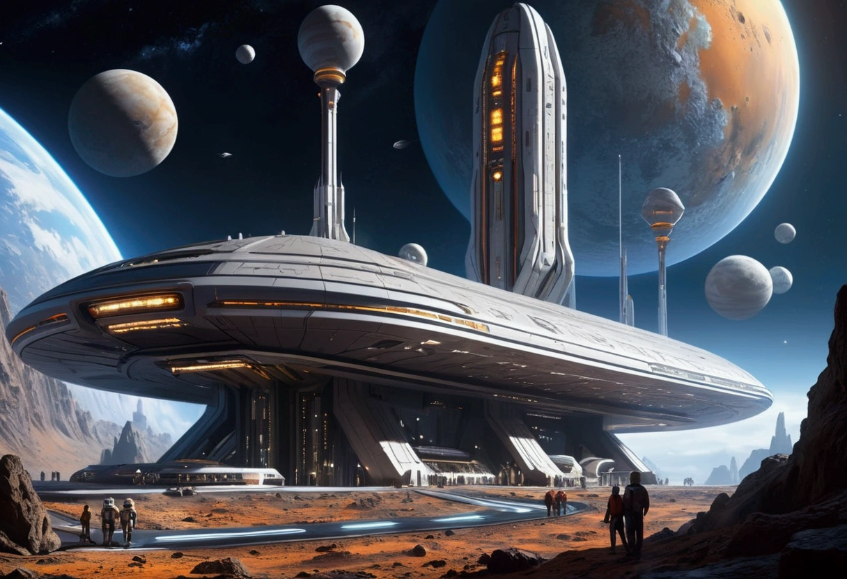 A busy spaceport situated on an asteroid floating in space