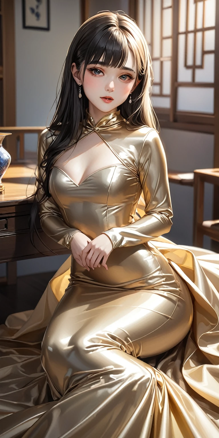 Portraiture、(masterpiece,Highest quality,Ultra-high resolution),Japanese women, (((Very beautiful 25 year old girl))),She is wearing a shiny pale gold satin long sleeve dress.、The dress has a simple design without any patterns..、The skirt is mermaid style