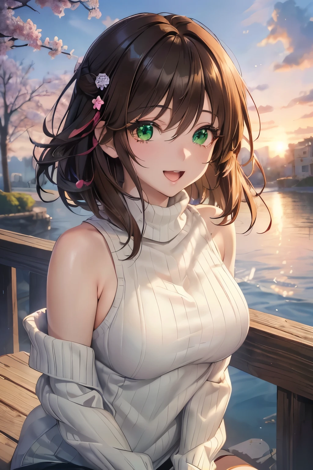 ((masterpiece, Highest quality, High resolution, 超High resolution, Pixel perfect, Written boundary depth, 4K, RTTX 10.0, High resolution))), 1 girl, single, alone, Beautiful Anime Girls, Beautiful art style, Anime characters, ((Shortcuts, bangs, Dark brown hair, Simple hairpin)), ((Green Eyes:1.4, Round eyes, Beautiful eyelashes, current eyes)), ((Smooth texture:0.75, Anime CG style)), Medium chest, ((Dynamic Angle, throw, close)), Perfect body, sweater, Exposing shoulders, Outdoor, wood, Depth of written boundary, smile, Open Mouth,