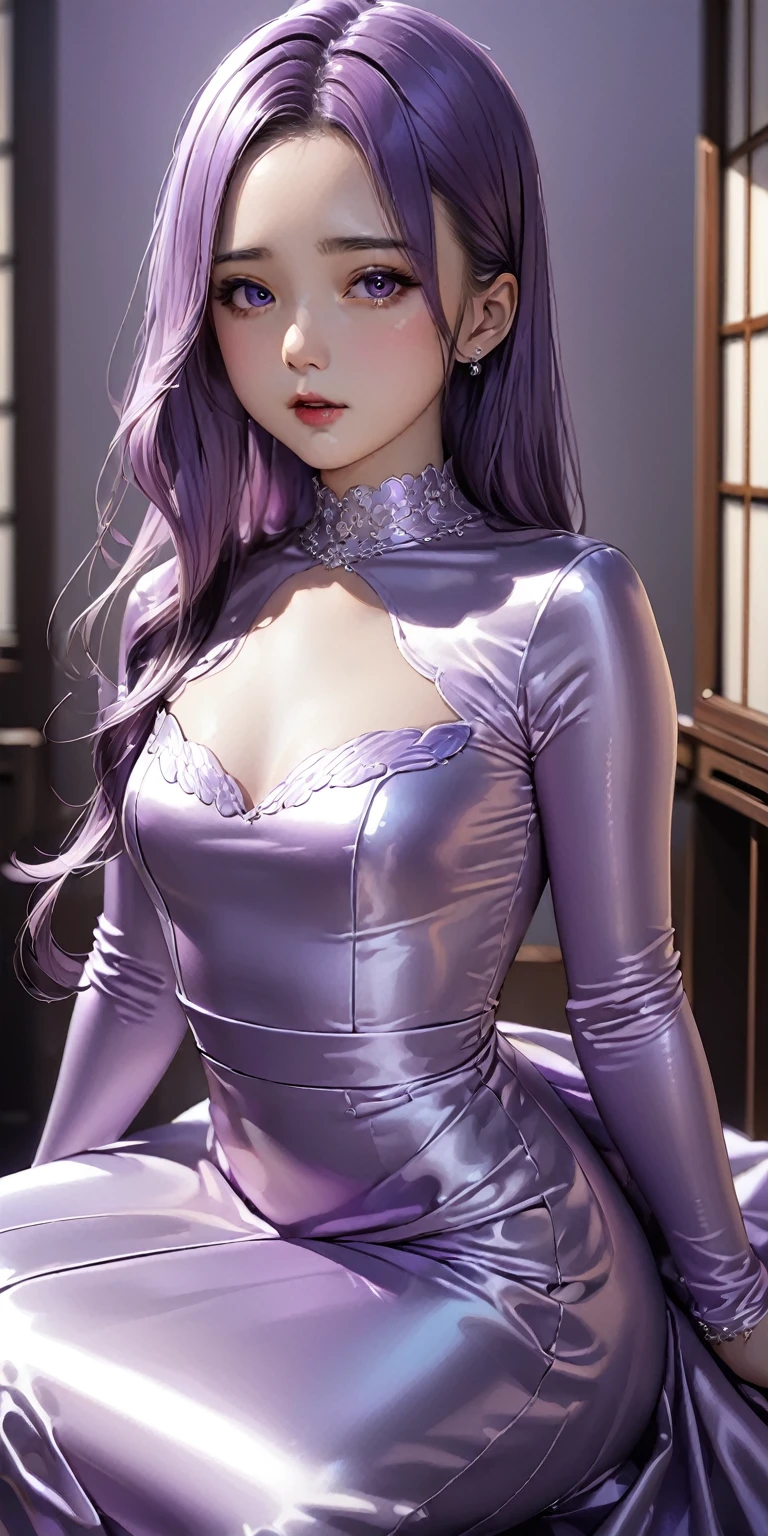 Portraiture、(masterpiece,Highest quality,Ultra-high resolution),Japanese women, (((Very beautiful 25 year old girl))),She is wearing a shiny light purple satin long sleeve dress.、The dress has a simple design without any patterns..、The skirt is mermaid style