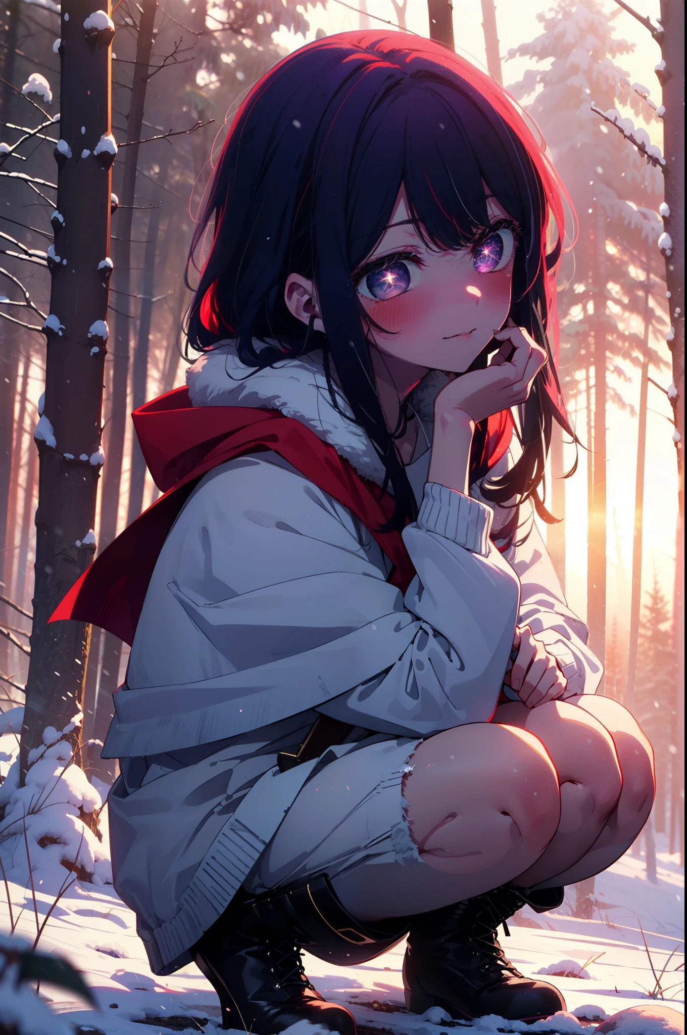 aihoshino, Ai Hoshino, Long Hair, bangs, (Purple eyes:1.1), Purple Hair, (Symbol-shaped pupil:1.5), smile,,smile,blush,white breath,
Open your mouth,snow,Ground bonfire, Outdoor, boots, snowing, From the side, wood, suitcase, Cape, Blurred, , forest, White handbag, nature,  Squat, Mouth closed, Cape, winter, Written boundary depth, Black shoes, red Cape break looking at viewer, Upper Body, whole body, break Outdoor, forest, nature, break (masterpiece:1.2), Highest quality, High resolution, unity 8k wallpaper, (shape:0.8), (Beautiful and beautiful eyes:1.6), Highly detailed face, Perfect lighting, Highly detailed CG, (Perfect hands, Perfect Anatomy),