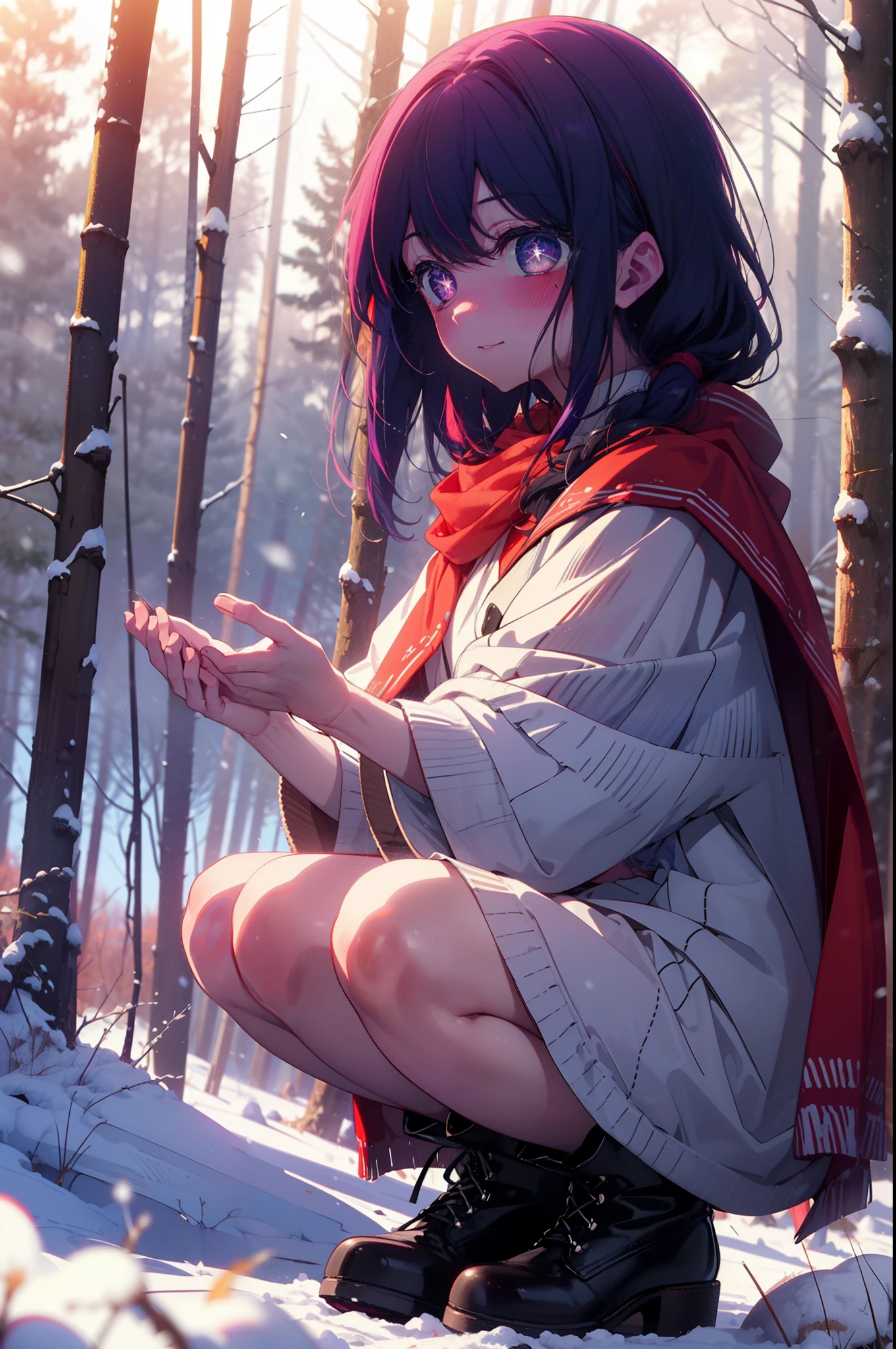 aihoshino, Ai Hoshino, Long Hair, bangs, (Purple eyes:1.1), Purple Hair, (Symbol-shaped pupil:1.5), smile,,smile,blush,white breath,
Open your mouth,snow,Ground bonfire, Outdoor, boots, snowing, From the side, wood, suitcase, Cape, Blurred, , forest, White handbag, nature, Squat, Mouth closed, Cape, winter, Written boundary depth, Black shoes, red Cape break looking at viewer, Upper Body, whole body, break Outdoor, forest, nature, break (masterpiece:1.2), Highest quality, High resolution, unity 8k wallpaper, (shape:0.8), (Beautiful and beautiful eyes:1.6), Highly detailed face, Perfect lighting, Highly detailed CG, (Perfect hands, Perfect Anatomy),