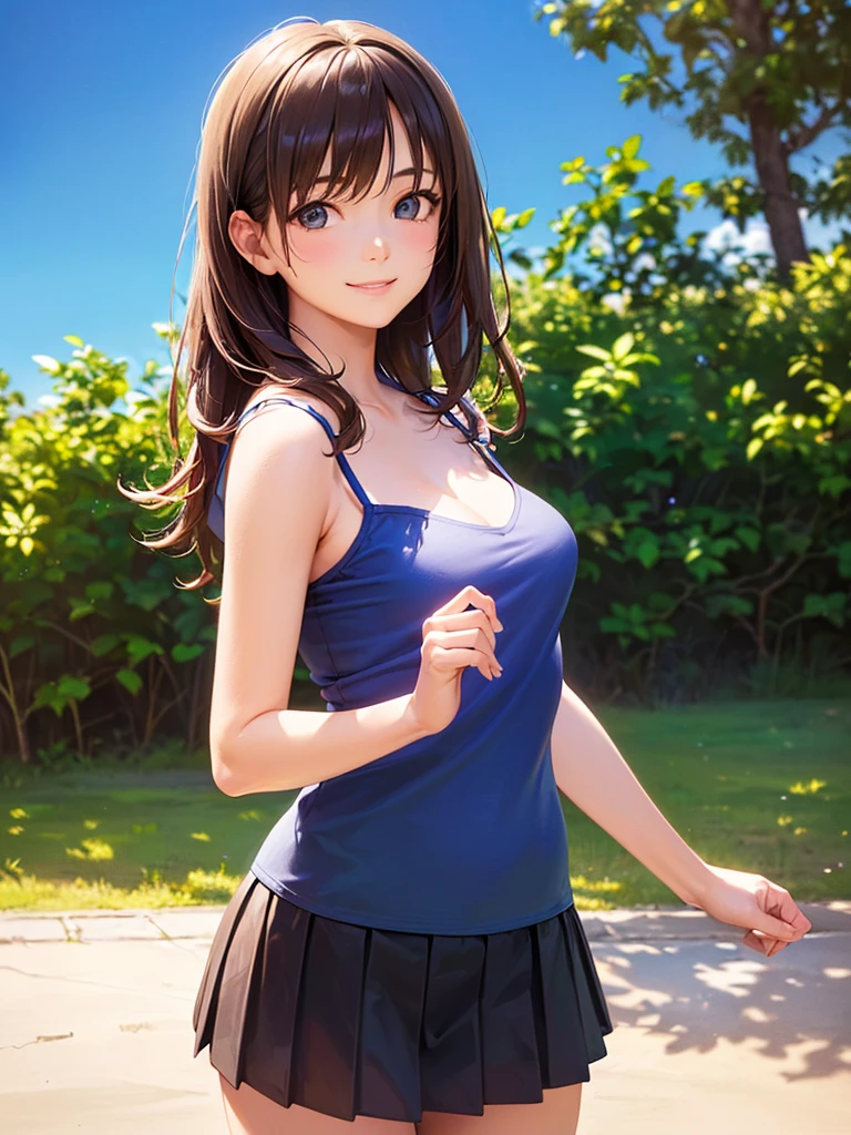 (Highest quality、8k、32K、masterpiece)、(Realistic)、(Realistic:1.2)、(High resolution)、Very detailed、Very beautiful face and eyes、(((Women's Solo Shot)))、Tight waist、(Highest quality、Attention to detail、Rich skin detail)、(Highest quality、8k、Oil paints:1.2)、(Realistic、Realistic:1.37)、Bright colors、(((Cowboy Shot)))、(((Bob Hair)))、(((Medium Hair)))、(((He has a happy face.)))、((smile))、(((Brown Hair)))、((Blue camisole、Heart camisole、Black pleated skirt, mini skirt), )、(((blue sky)))、(((Sunny)))、(((It's sunny)))、(((Teeth are visible)))、(((It's a snowy mountain)))、((((Crouching)))、(((A snowy ski resort)))