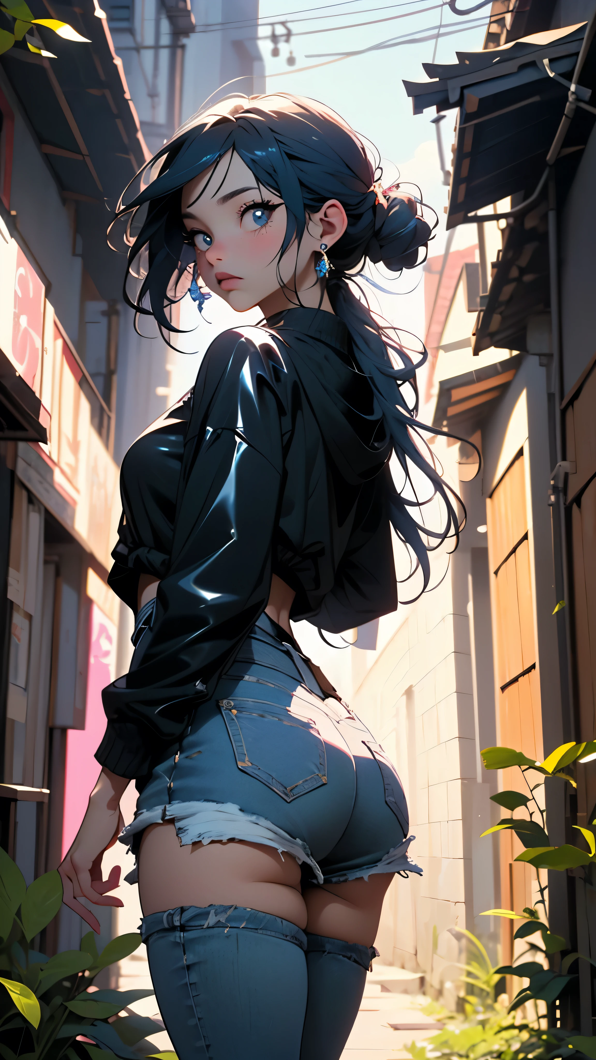 (back view, back view),,score_9, score_8_above, score_7_above, score_6_above, classification_explicit, 1 girl, ((18 years:1.2)), adult, full lips, big light eyes, light blue eyes, ((by rubio:1)), (long wavy hair: 1.2),Half-length shot of a black woman behind a cloudy mirror,(white latex shorts :1.4),(top corto blue sudadera japanese idol:1.4), perfect hands: 1.5, dressed in african design suit,(black skin:1.4),( japanese idol:1.4), its image partially blurred, blue eyes and curly hair, rodeado de hojas greens iluminadas con luces de neón y flores semicurvas, atmospheric bright background, beautiful and bad mood images, green, gray and silver color gradation.(Alone), (background alley walls big stones:1.4), (jeans ajustados de látex blanco japanese idol:1.4), (black skin), (kawaii style locker room :1.4), (showing her big butt and ass), (bare waist), (vestuario de AKB48 japanese idol:1.4 ) 