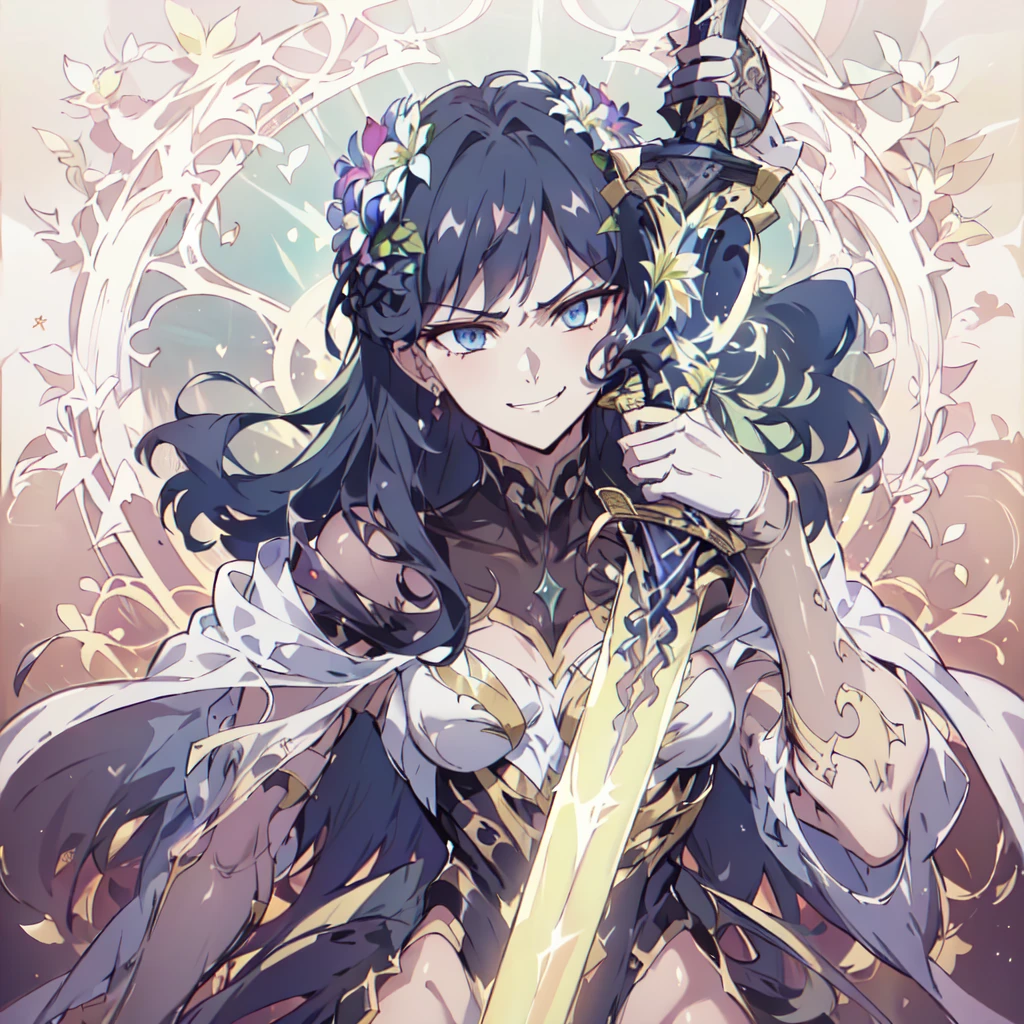 masterpiece, best quality, (extremely detailed CG unity 8k wallpaper), (best quality), (best illustration), (best shadow), absurdres, realistic lighting, (Abyss), beautiful detailed glow, beautiful, (1girl, solo, close up shot:1.22), (dark blue eyes, shining eyes, symbol eyes, art nouveau:1.25), Maximalism artstyle,neon theme,suprematism,beautiful detailed flower, beautiful detailed eyes,hyper detailed,flower,hyper quality, royalty, seductive eyes, angel, corrupted, black hair, ((extremely long hair:1.3), mystique, mystical, smirk, kubrick stare, staring, evil glare:1.2), villain pose, glaring, looking at the viewer,\ ( three quarter profile \ ), dynamic pose, dark hair, dress, (veil, veiled:1.1), (contrapposto, (CGDivineSwordsw, weapon, dual wielding swords, sword flower, sword aura:1.22), peplos:1.2), ice aura, flame aura,