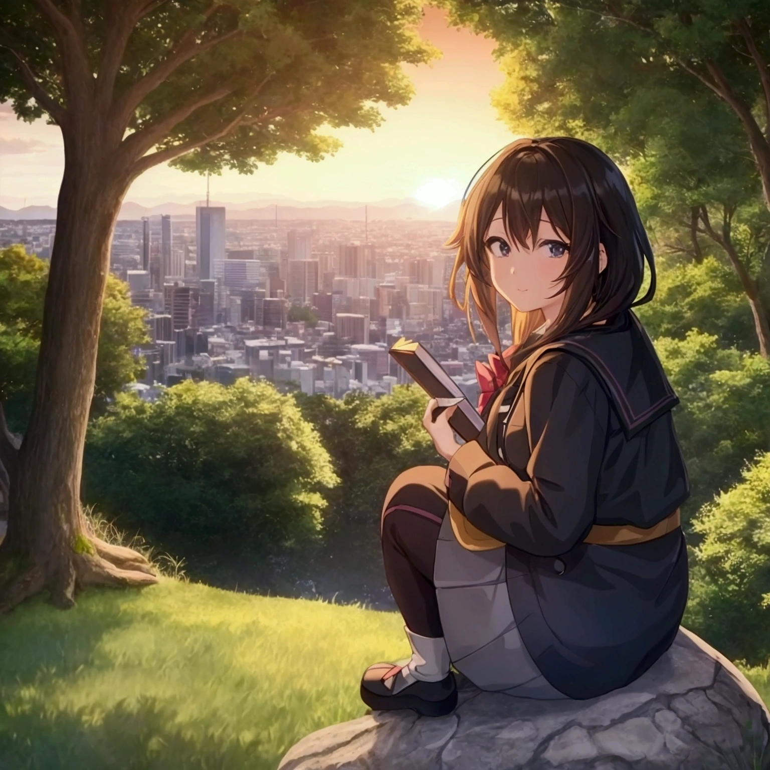 Anime girl sitting on a rock and looking at the viewer, trees and bushes behind her, centred, holding a book ,A cityscape in the distance, cityscape silhouette in the distance, sunset, Anime Art Wallpapers 4K, Anime Art Wallpapers 8K, 4k anime wallpaper, anime wallpaper 4k, anime wallpaper 4k