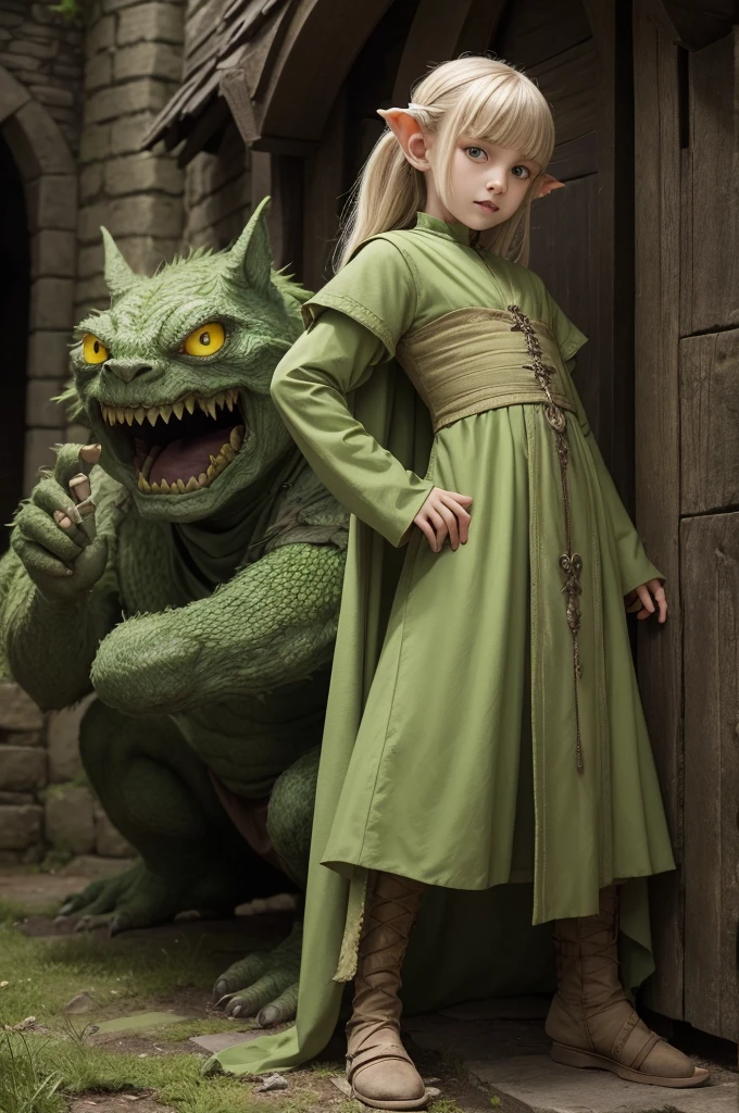 Green Skin Monster, yellow eyes, serrated teeth and pointed ears and small in height, wearing medieval clothes