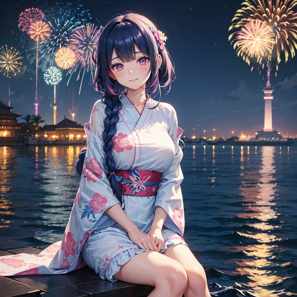 (Sky Blue Medium Hair:1.2), (Braided Hair),(Pink Eyes),Fair skin ,(whole body),(1 girl)、Floral Yukata、summer night、Extra-large fireworks filling the night sky、Huge fireworks launched from the sea、Watching the fireworks while sitting next to each other、smile、Straight bangs,(masterpiece, Highest quality, Very detailed, Best Shadow), (Detailed Background), (Beautifully detailed face), High Contrast, (Best lighting, Very delicate and beautiful), ((Cinematic Light)), colorful, Hyper Detail 8k, Dramatic Light, Intricate details,Fireworks reflected on the water surface、