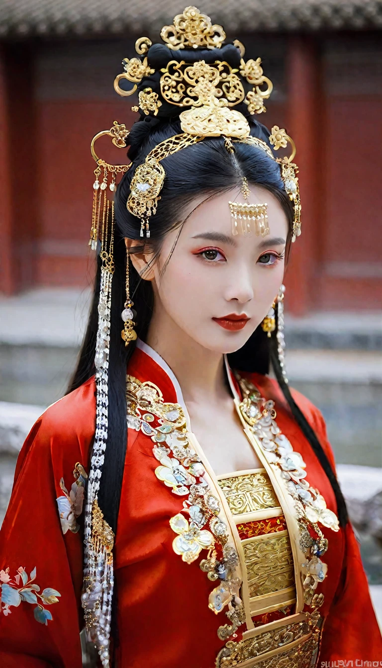 A beautiful Chinese girl with a good figure from the Qing Dynasty with long hair. Wearing gold head accessories, wearing a red traditional Chinese costume, posing for photos in the palace grounds.
