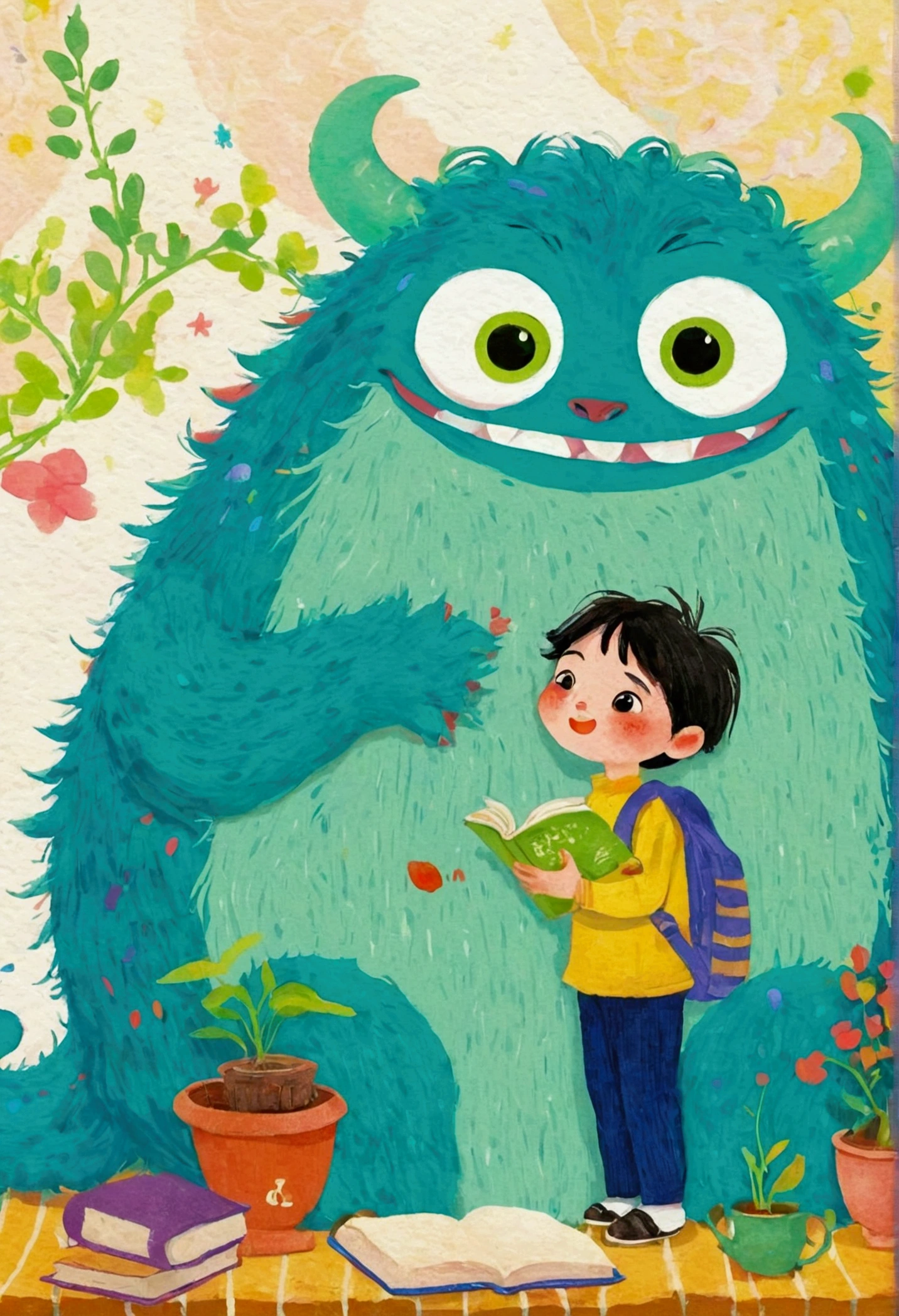There is a cartoon picture with a monster, author:Toth Wu, by Relia Penesic, A beautiful artistic illustration, Lovely detailed artwork, studio ghibli illustration, Cute illustrations, ren's Book Illustrations, author Pedro Pedraja, Child39;s Book Illustrations, Children&#Book Illustrations, Luo Ping, author jeonseok lee, Fine quality illustrations