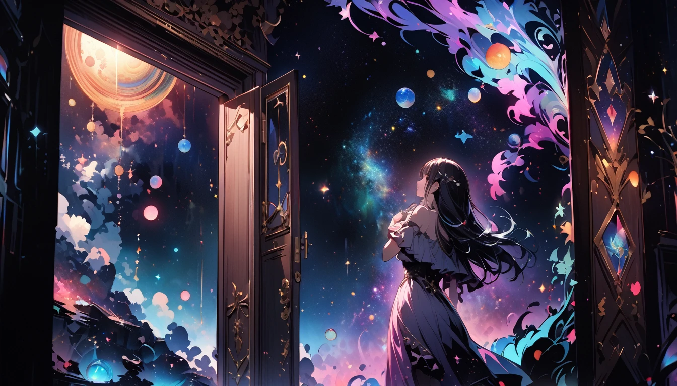 Create exquisite illustrations reminiscent of Makoto Shinkai's style, It has ultra-fine details and top-notch quality. Create a high-quality illustration featuring a beautiful girl opening a door in a fantastical space, revealing a cosmic universe beyond. The scene should depict a sense of wonder and enchantment, with intricate details throughout. Pay close attention to the ethereal quality of the space surrounding the door, with hints of swirling galaxies, distant stars, and celestial phenomena visible beyond the threshold. Ensure that the girl's expression conveys a mix of curiosity, awe, and perhaps a touch of trepidation as she ventures into the unknown. The illustration should evoke a feeling of magical discovery and the infinite possibilities of the cosmos. best quality, masterpiece