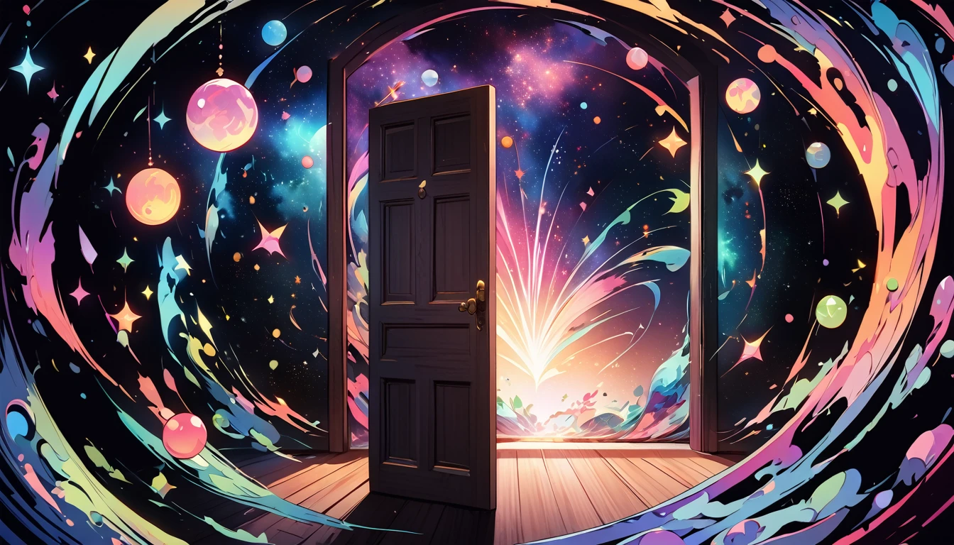 Create exquisite illustrations reminiscent of Makoto Shinkai's style, It has ultra-fine details and top-notch quality. Create a high-quality illustration featuring a beautiful girl opening a door in a fantastical space, revealing a cosmic universe beyond. The scene should depict a sense of wonder and enchantment, with intricate details throughout. Pay close attention to the ethereal quality of the space surrounding the door, with hints of swirling galaxies, distant stars, and celestial phenomena visible beyond the threshold. Ensure that the girl's expression conveys a mix of curiosity, awe, and perhaps a touch of trepidation as she ventures into the unknown. The illustration should evoke a feeling of magical discovery and the infinite possibilities of the cosmos. best quality, masterpiece