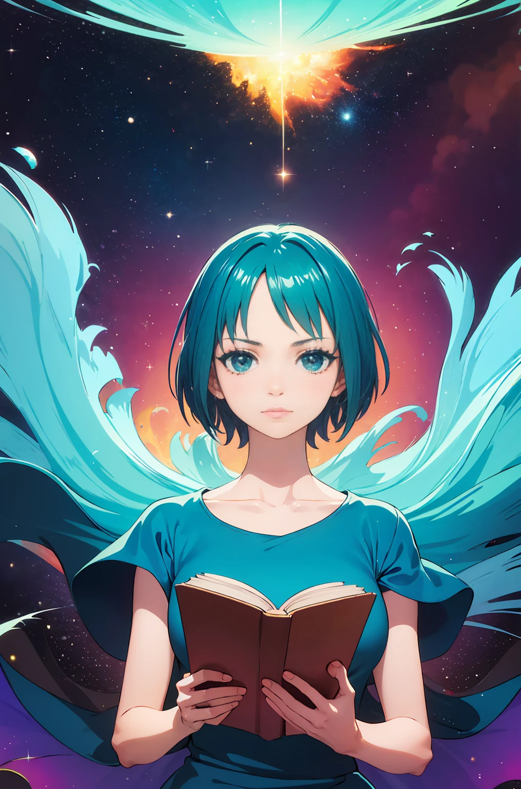 (best quality, masterpiece), 1girl, reading a book, particle, wind, flower, upper body, simple background, looking at viewer, rainbow colored hair, teal short floating dress, cosmic, nebulas, galaxy