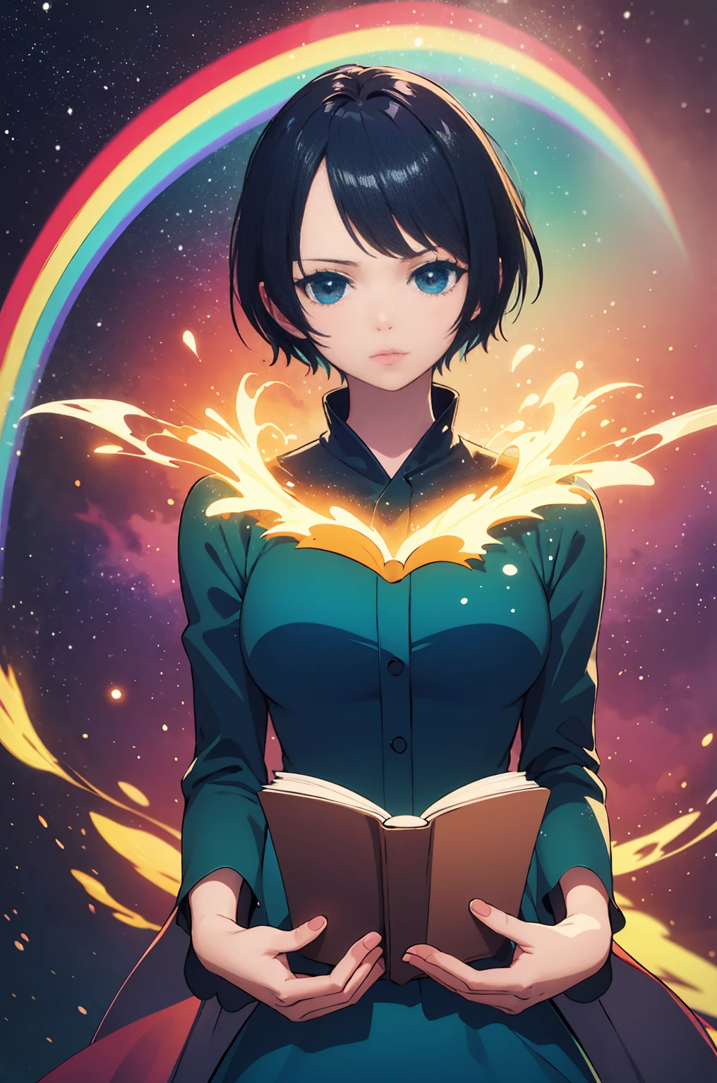 (best quality, masterpiece), 1girl, reading a book, particle, wind, flower, upper body, simple background, looking at viewer, rainbow colored hair, teal short floating dress, cosmic, nebulas, galaxy