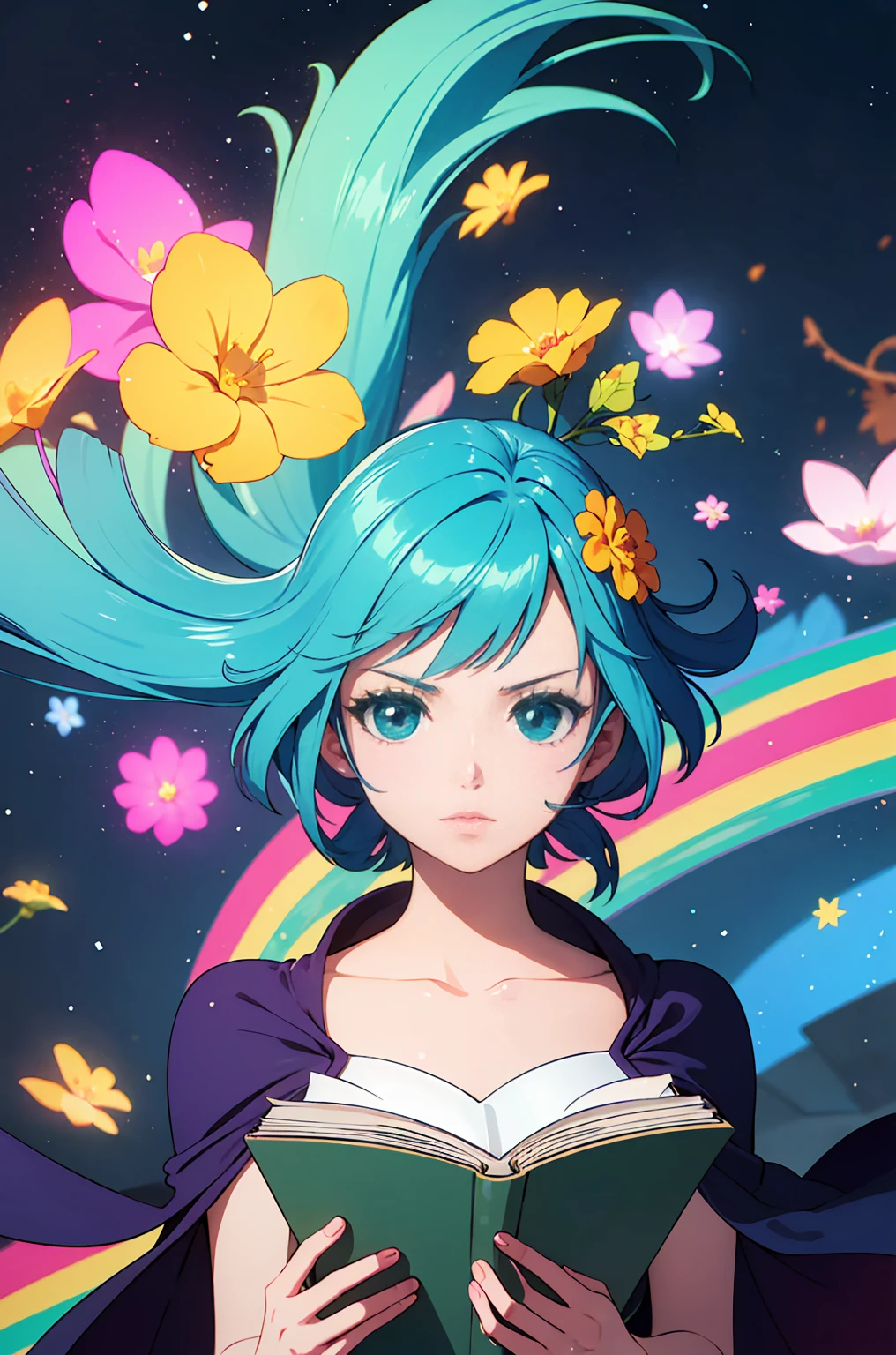 (best quality, masterpiece), 1girl, reading a book, particle, wind, flower, upper body, simple background, looking at viewer, rainbow colored hair, teal short floating dress, cosmic, nebulas, galaxy