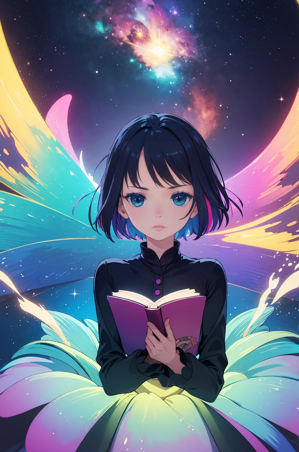 (best quality, masterpiece), 1girl, reading a book, particle, wind, flower, upper body, simple background, looking at viewer, rainbow colored hair, teal short floating dress, cosmic, nebulas, galaxy