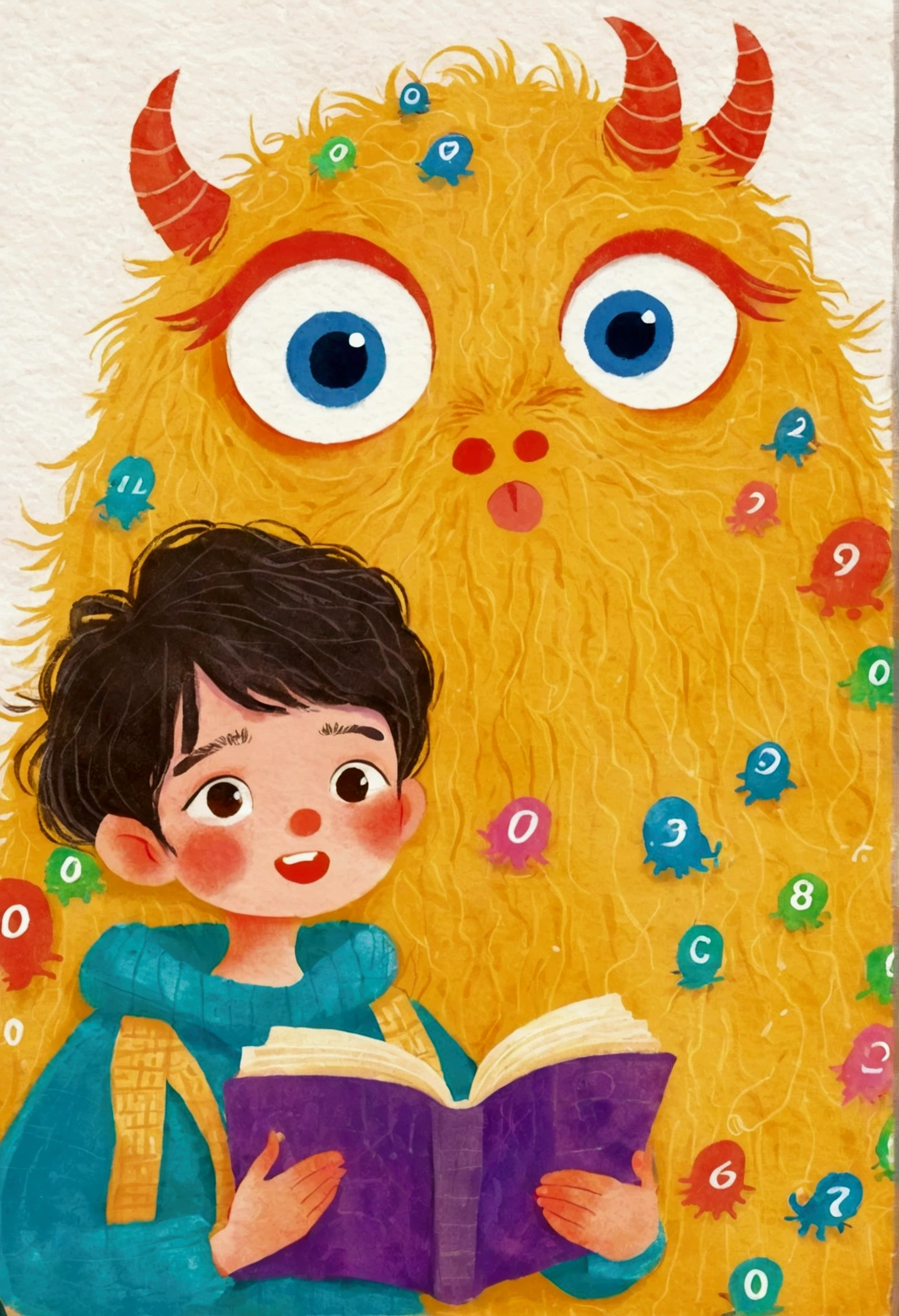 There is a cartoon picture with a monster, a storybook illustration by Tooth Wu, tumblr, The art of math, a beautiful artwork illustration, Lovely detailed artwork, studio ghibli illustration, cute illustration, children book illustration, children's book illustration, children’s book illustration, fabulous illustrations, cute detailed The art of math, cute storybook illustration, Cute numbers, illustration!