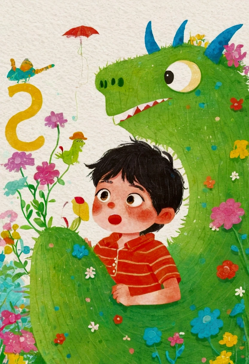 There is a cartoon picture with a monster, a storybook illustration by Tooth Wu, tumblr, The art of math, a beautiful artwork illustration, Lovely detailed artwork, studio ghibli illustration, cute illustration, children book illustration, children's book illustration, children’s book illustration, fabulous illustrations, cute detailed The art of math, cute storybook illustration, Cute numbers, illustration!