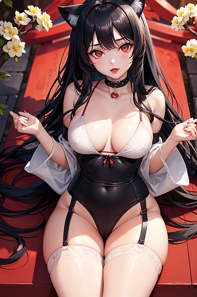 Detailed facial details，16 years old，1 girl，Red lips，Cat ear，Black long hair，Wearing a pure white bikini，Large Breasts，Garter stockings，Slim，Collar，Radiant Skin，Sit on a board，Torii，shrine，flower