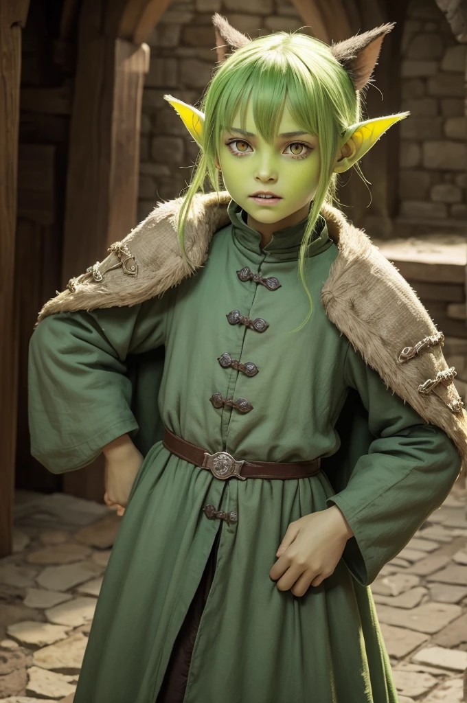 Green Skin Monster, yellow eyes, serrated teeth and pointed ears and small in height, wearing medieval clothes