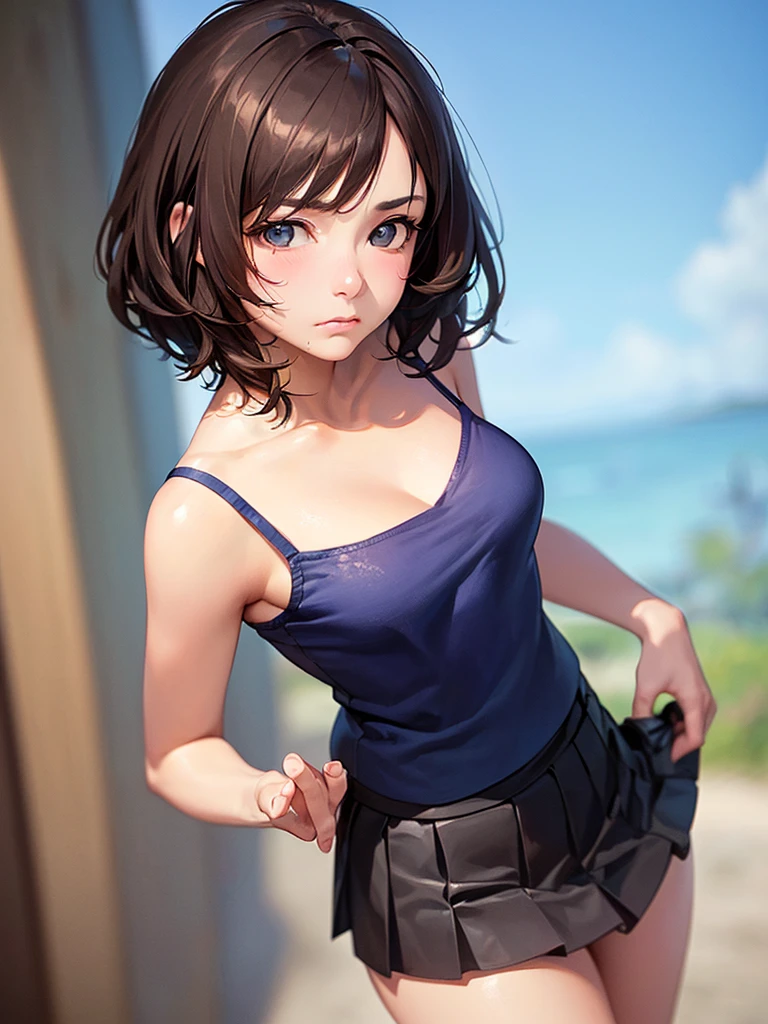 (Highest quality、8k、32K、masterpiece)、(Realistic)、(Realistic:1.2)、(High resolution)、Very detailed、Very beautiful face and eyes、(((Women's Solo Shot)))、Tight waist、(Highest quality、Attention to detail、Rich skin detail)、(Highest quality、8k、Oil paints:1.2)、(Realistic、Realistic:1.37)、Bright colors、(((Cowboy Shot)))、(((Bob Hair)))、(((Medium Hair)))、(((He has a bitter face.)))、(sad)、(((Brown Hair)))、((Blue camisole、Heart camisole、Black pleated skirt, mini skirt), )、(((blue sky)))、(((Sunny)))、(((It's sunny)))、(((Teeth are visible)))、(((It's a snowy mountain)))、((((Crouching)))、(((A snowy ski resort)))