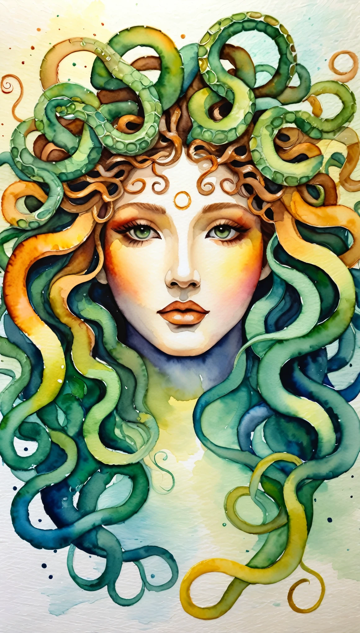 masterpiece,Medusa acrylic watercolor painting,(Beautiful gradation created by layering),(Tarashikomi technique),A delicate touch