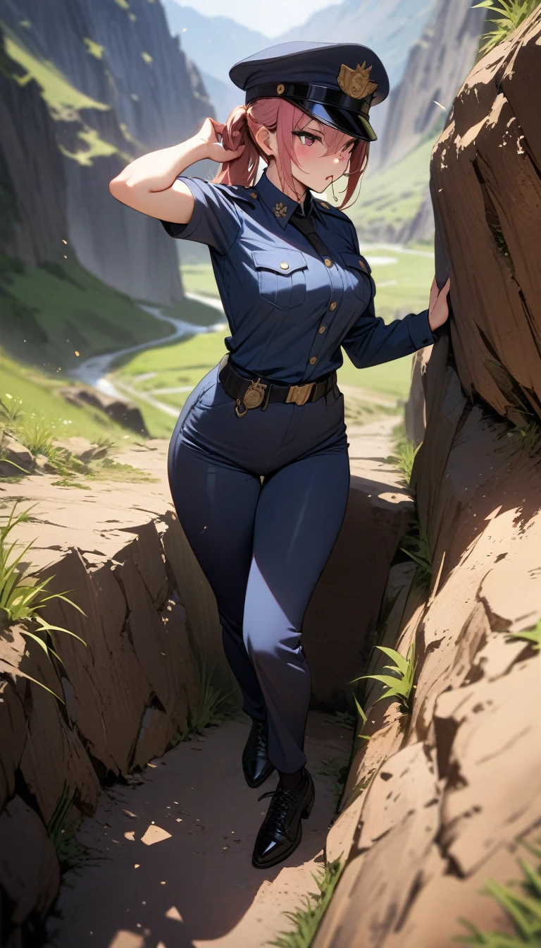 ((best quality)) , ((masterpiece)) , (detailed),1girl,female police officer, spitting in the mountain ditch,((full body))