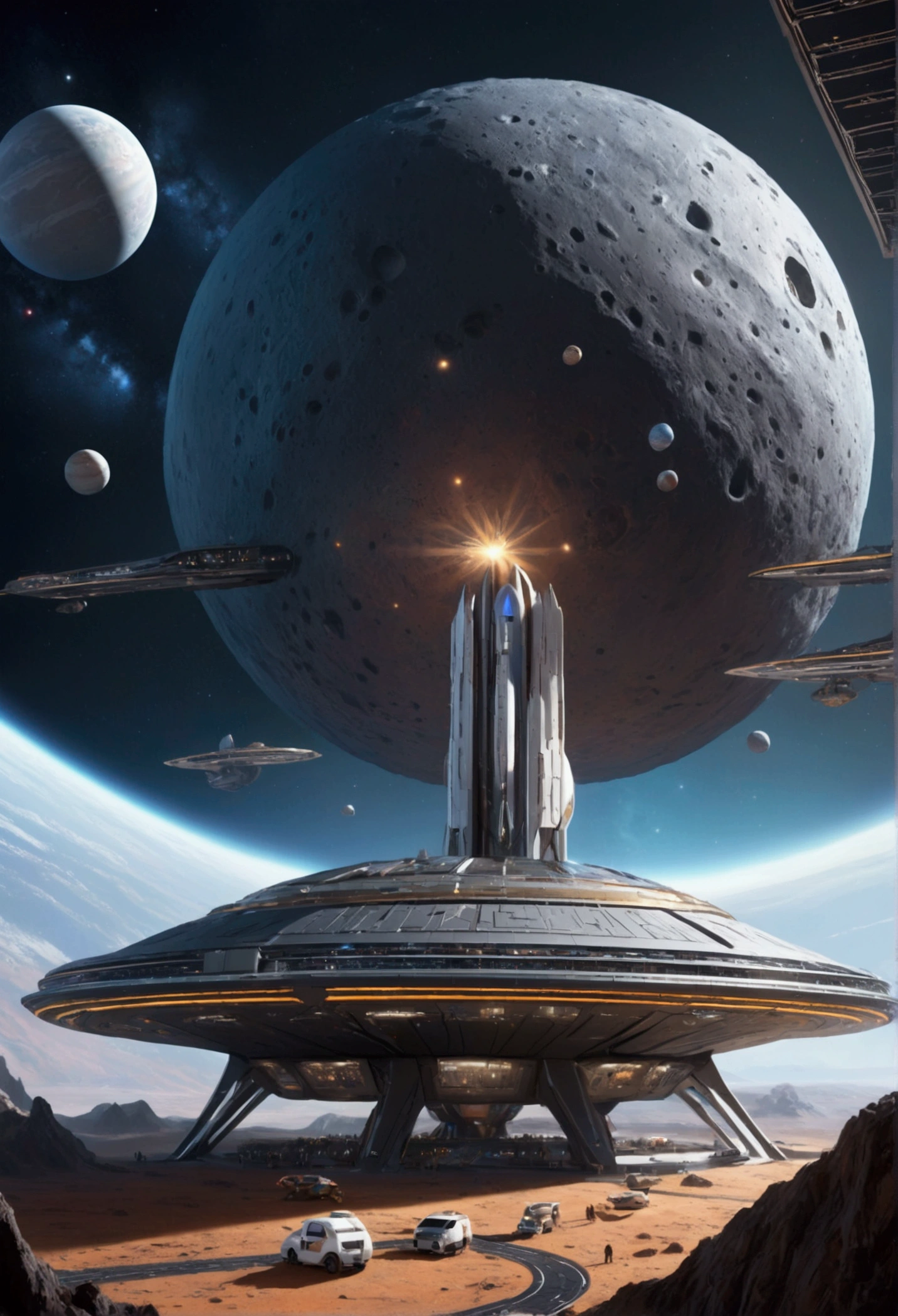 A busy spaceport situated on top of a small asteroid floating in space