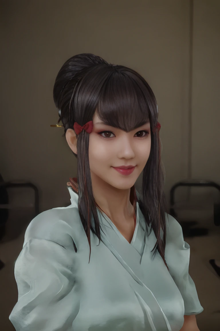 (best quality), (masterpiece), detailed, depth of field, perfect lighting, 1girl, mature female, dark eyes, red eyeliner, dark hair, tall bun top of head, hair pieces, (best quality), (masterpiece), detailed, depth of field, short sleeves,  white loose kimono, dark hair, upper body, huge breasts, smile