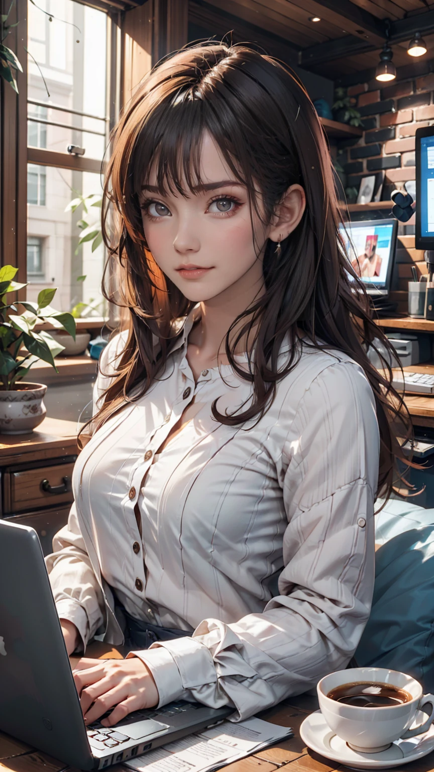 Woman working remotely from the comfort of her home。in a cozy living room、With a laptop and a cup of coffee