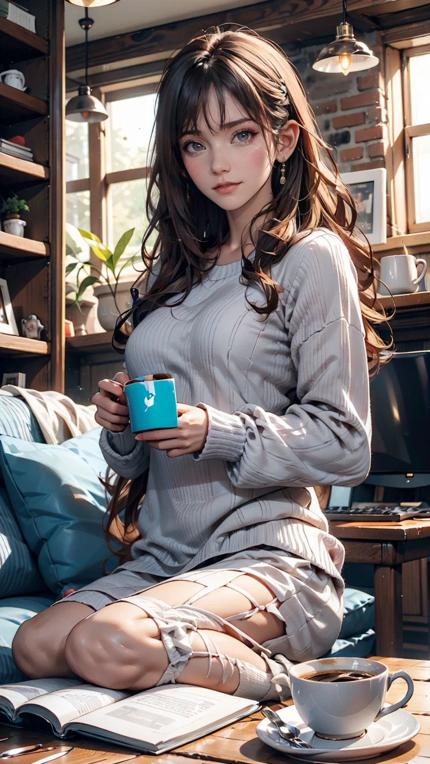Woman working remotely from the comfort of her home。in a cozy living room、With a laptop and a cup of coffee