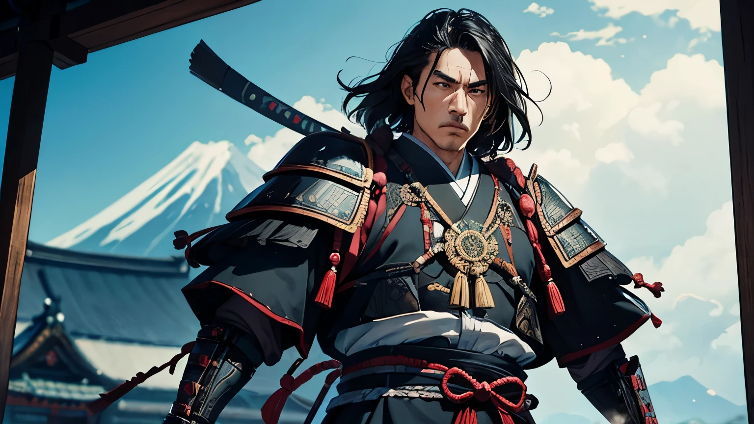 3The teachings of the book、Māori dollars、Wearing intricately designed traditional samurai armor、 Famous people in Japanese history、He has a stern look、Has an intimidating presence