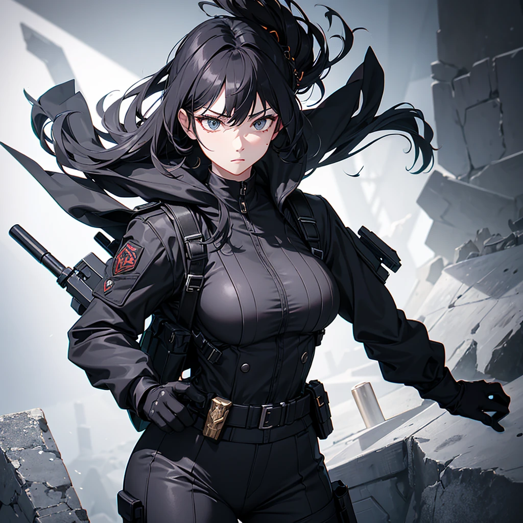 She is clad in a fully black military-inspired suit, the fabric appearing heavy and durable. The suit is adorned with numerous pockets and pouches, giving the impression of a soldier ready for battle. A matching black mask covers her face, obscuring her features and adding an air of mystery to her already captivating appearance.Despite her slender frame, she exudes an aura of power and capability. Her suit does little to conceal the array of weapons strapped to her body. Guns, knives, and other deadly tools are secured to her belt and holsters, making it clear that she is a force to be reckoned with.